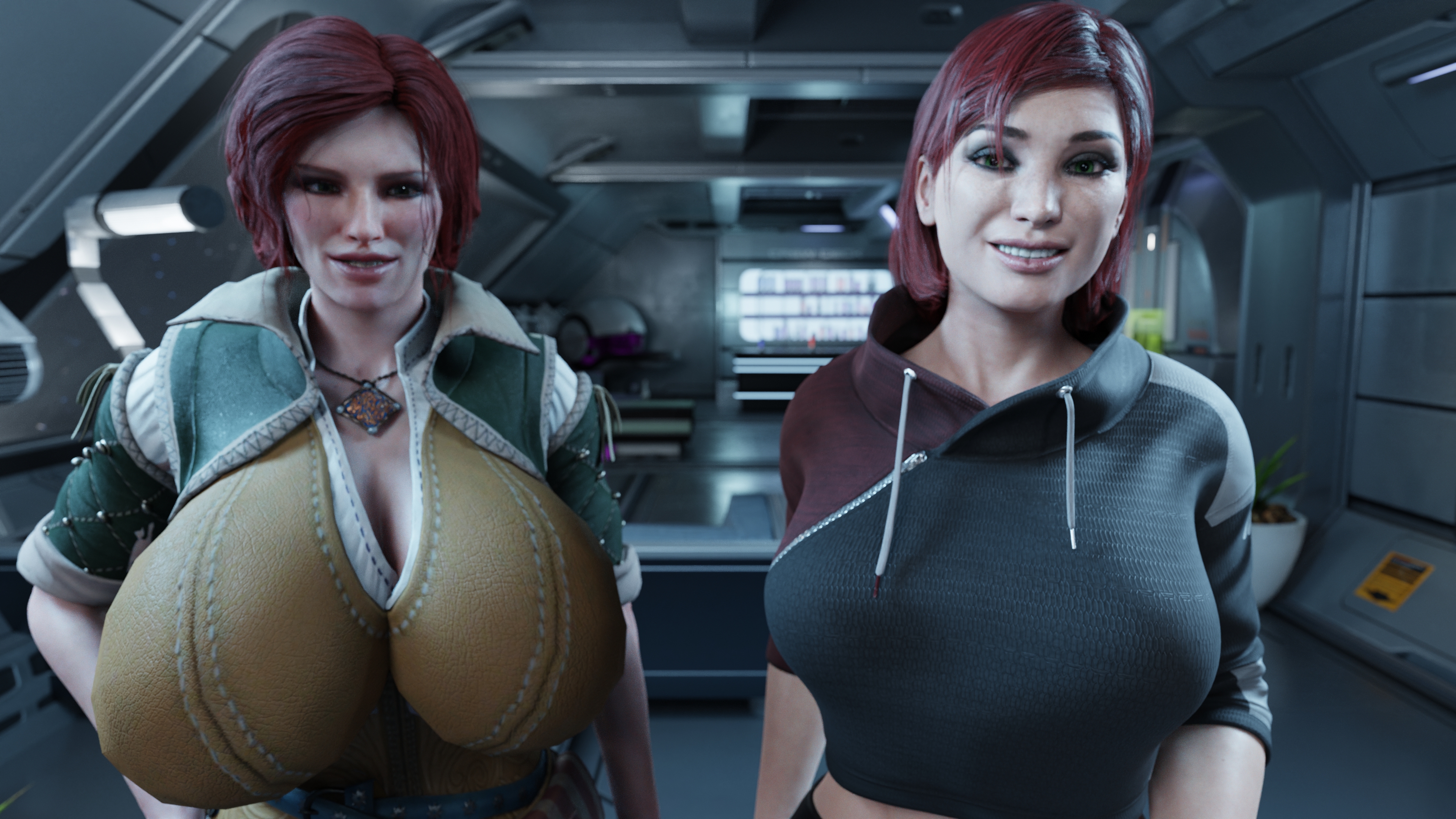 Triss & Jane Mass Effect The Witcher Triss Merigold Femshep Big Tits Red Hair Red head 2 Girls Big Breasts Tongue Out Grab Boobs Smile Green Eyes