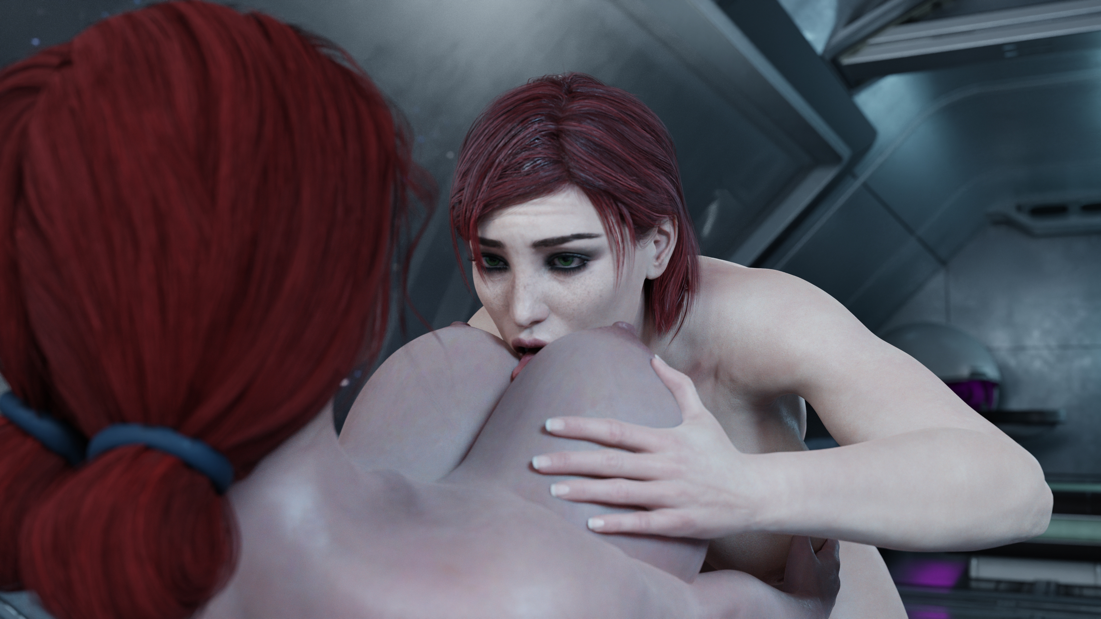 Triss & Jane Mass Effect The Witcher Triss Merigold Femshep Big Tits Red Hair Red head 2 Girls Big Breasts Tongue Out Grab Boobs Smile Green Eyes 2