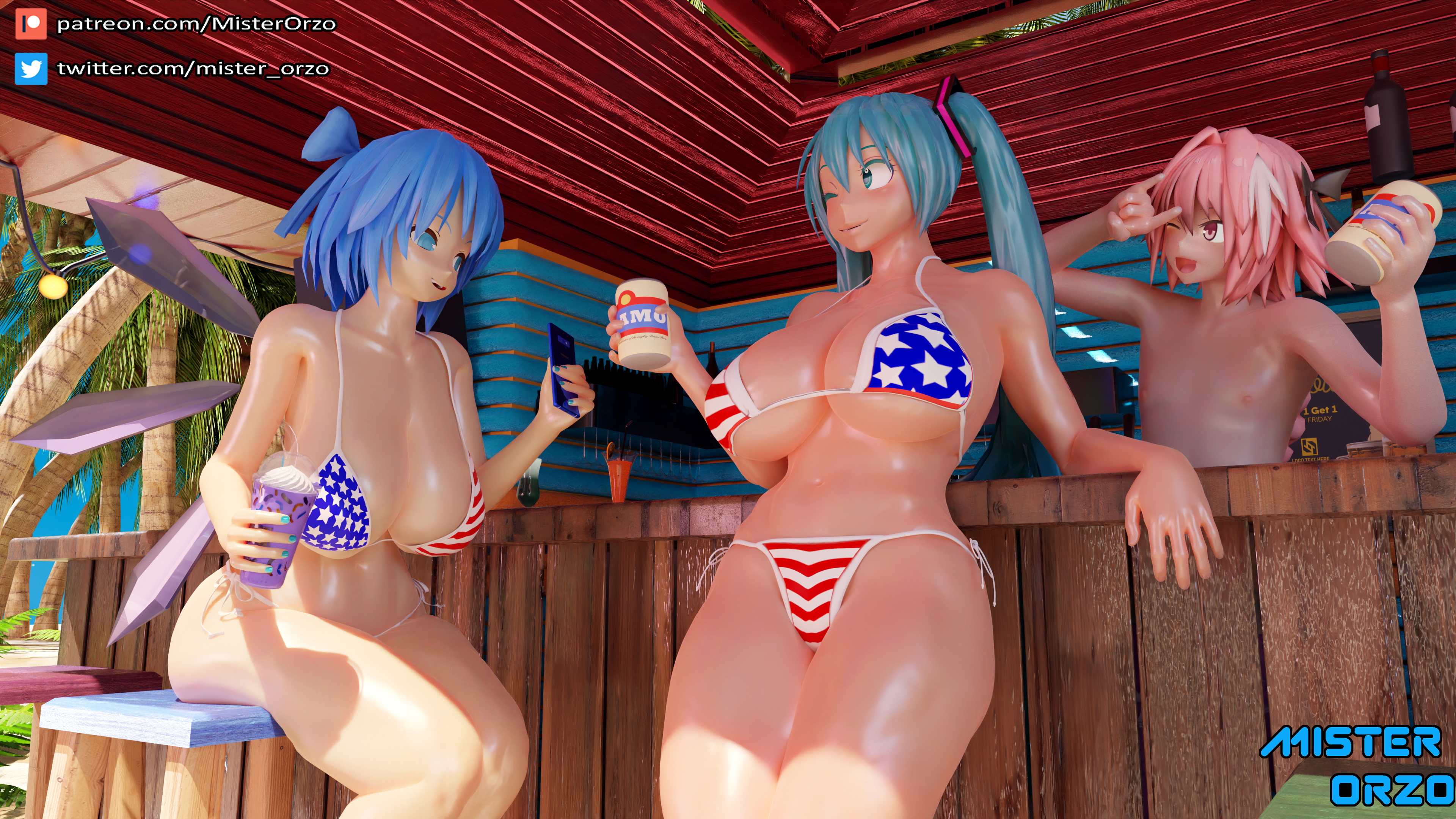 Cirno and Miku - 4th of July Cirno Hatsune Miku Astolfo American Bikini Big Breasts Breasts Ass Big Ass Crossover