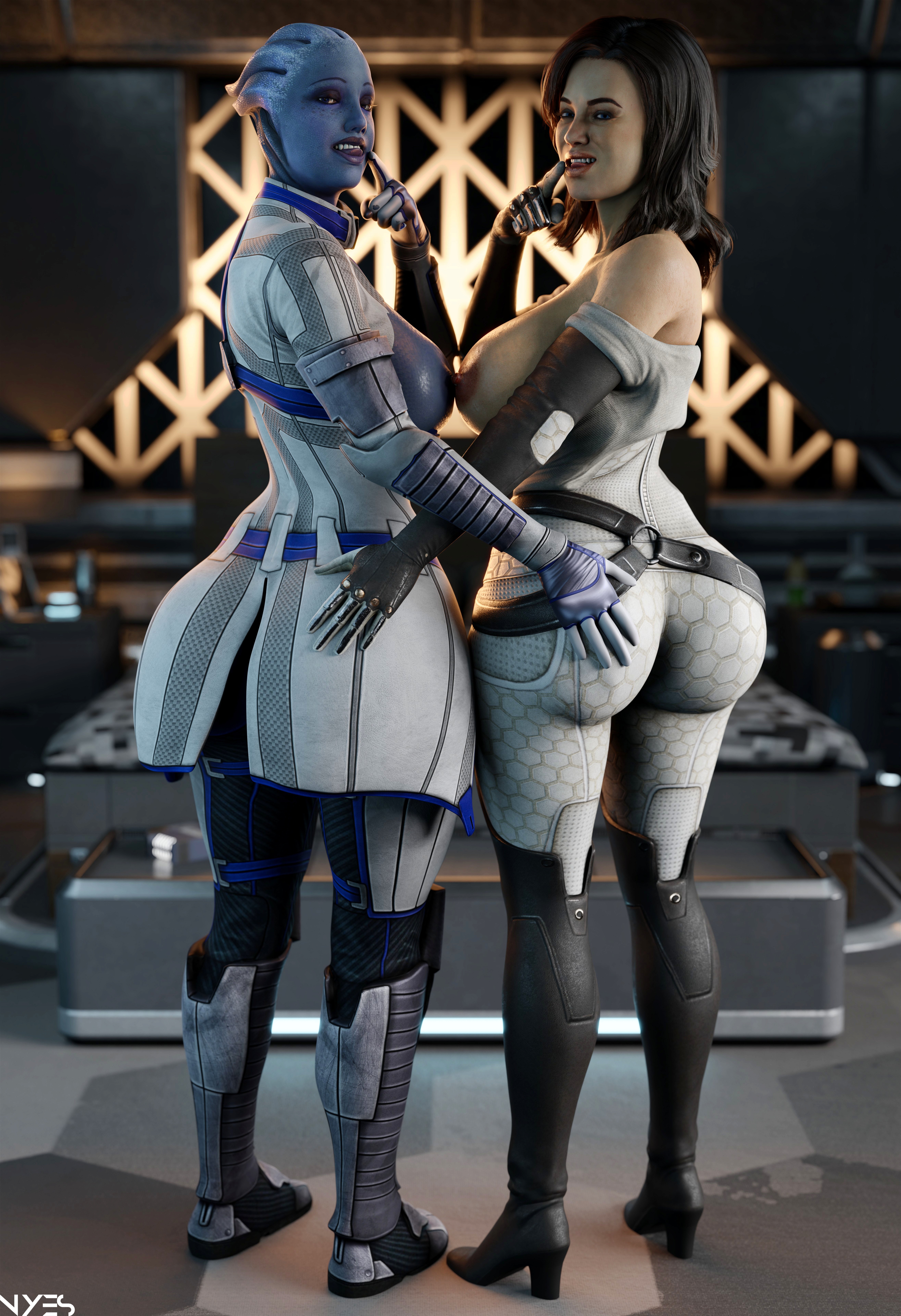 Liara x Miranda Commission (8K) Liara Miranda Lawson Asari (mass Effect) Mass Effect Nude Thicc Big Tits Big Ass Duo Female Only Pose Partially_clothed Fishnet 3