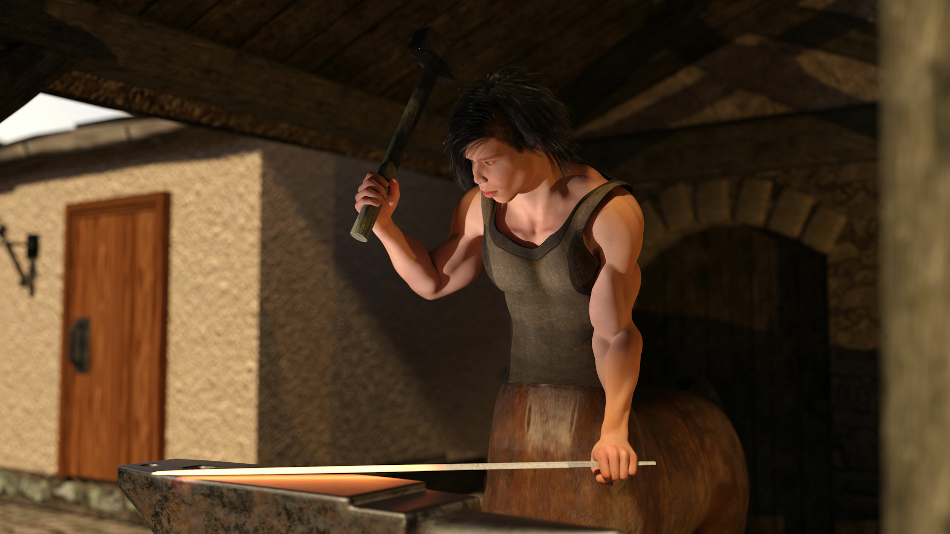 Furgus 01 Centaur Forge Blacksmith Outside Fantasy