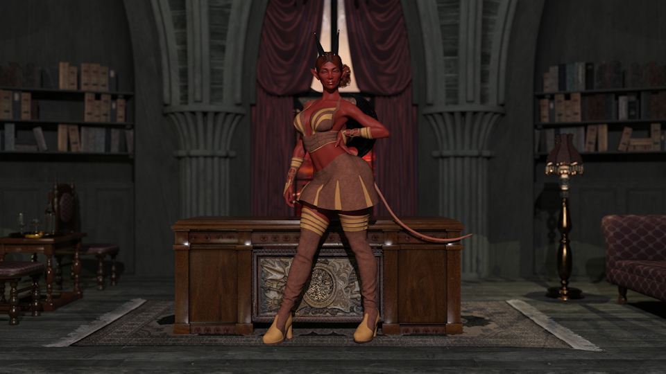 Harper 01  Fantasy Devil Tail Horns Red Hair Red Skin Office Desk