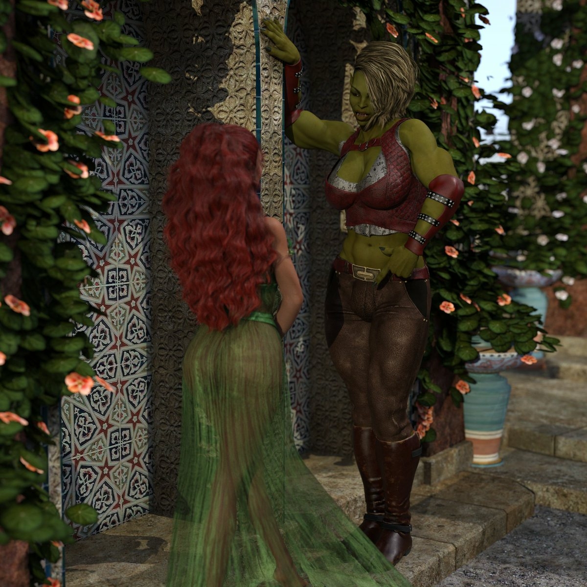 Sharn 01  Fantasy Half-orc Futanari Futa Green Skin Female Red Hair See Through