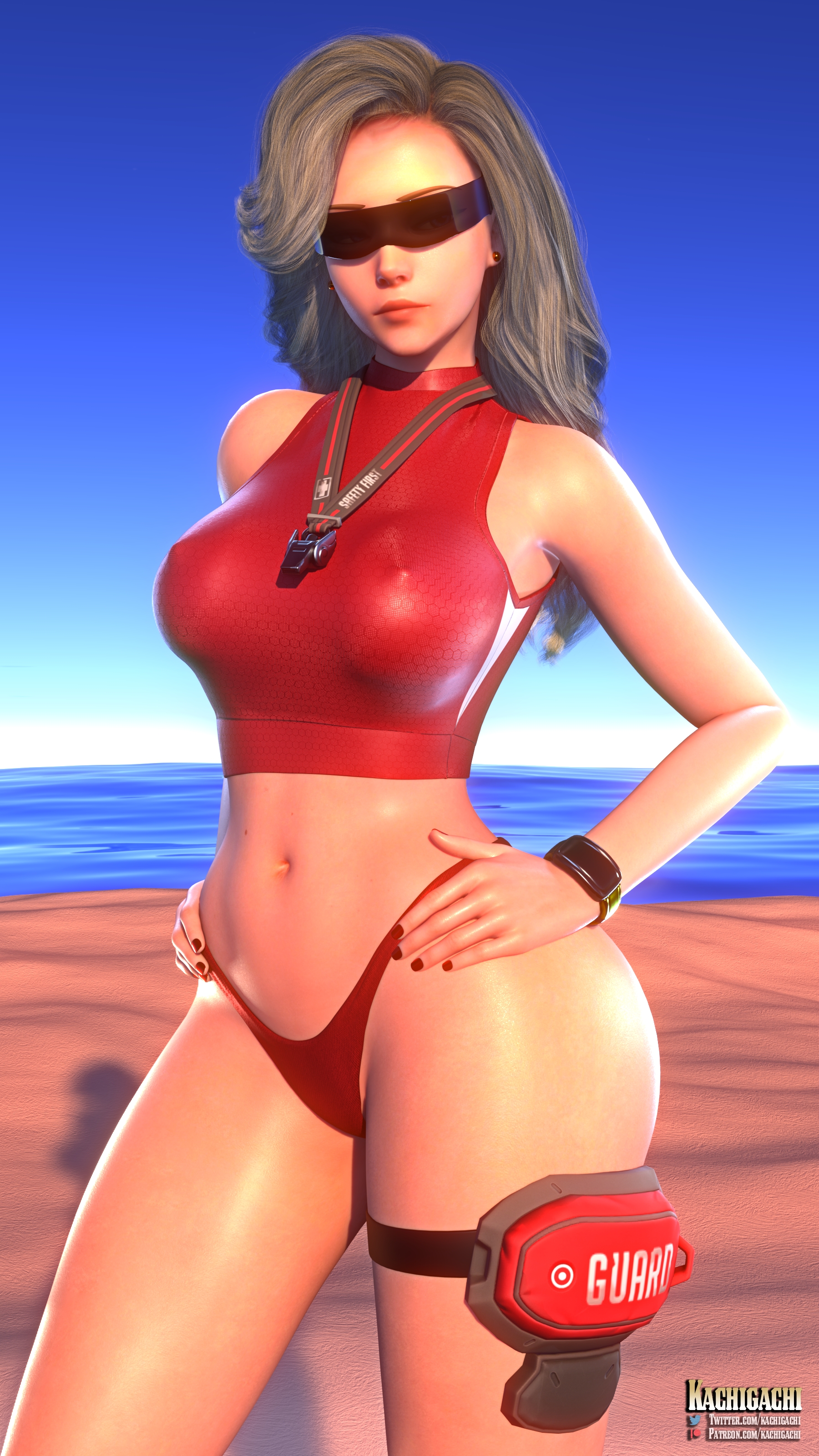 Lifeguard Mercy Mercy Lifeguard Overwatch 3d Girl Thick Thighs Beach Sunglasses Swimsuit Blonde Sexy