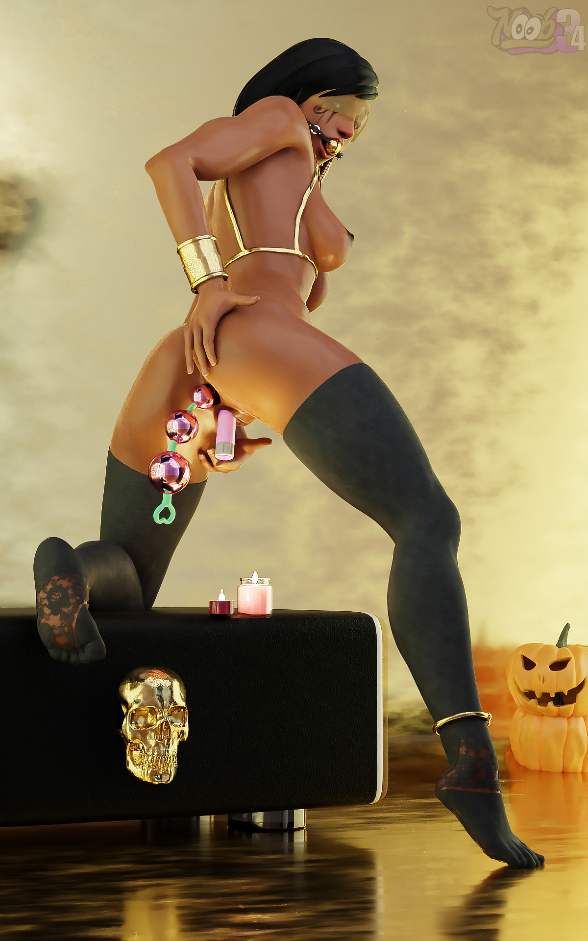 Pharah DP with toys Pharah Pharah (overwatch) Double Dildo Bent Over Anal Beads Fishnet Fishnet Stockings 2