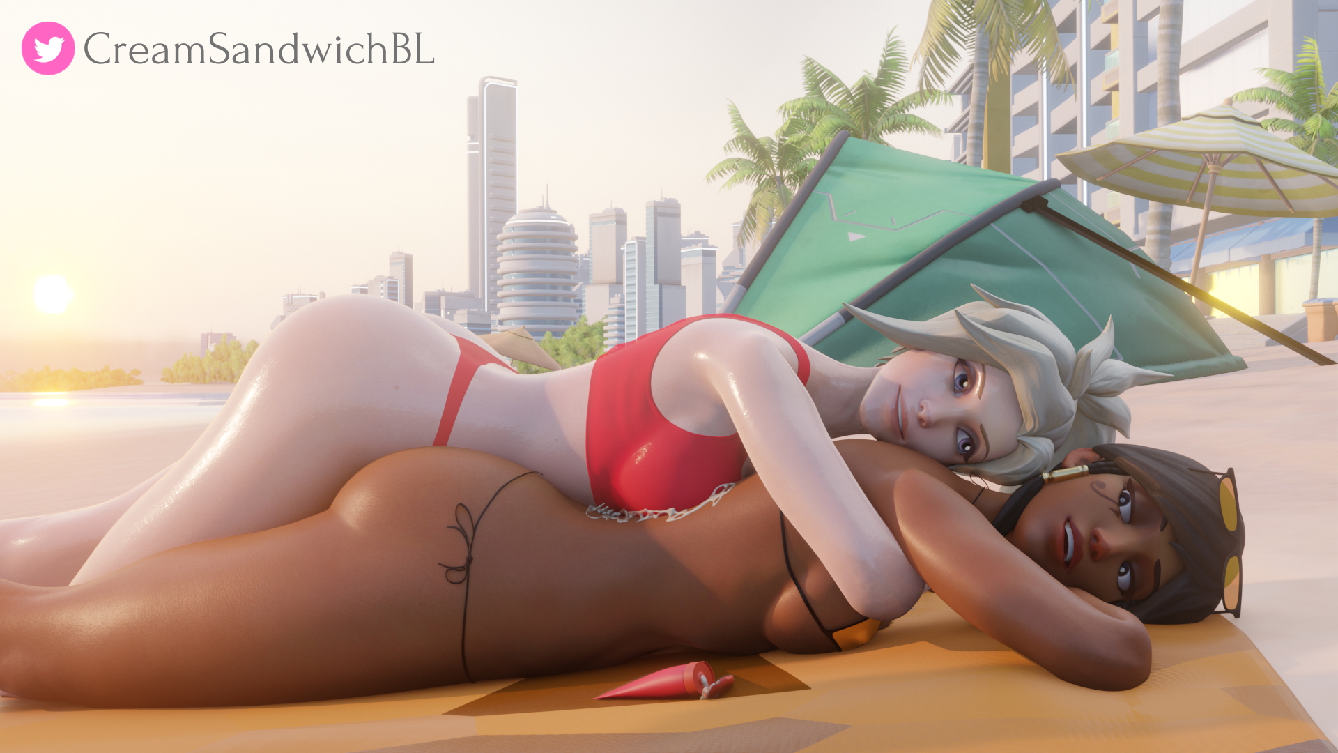Pharah and Mercy at the beach Overwatch Pharah Pharah (overwatch) Mercy 