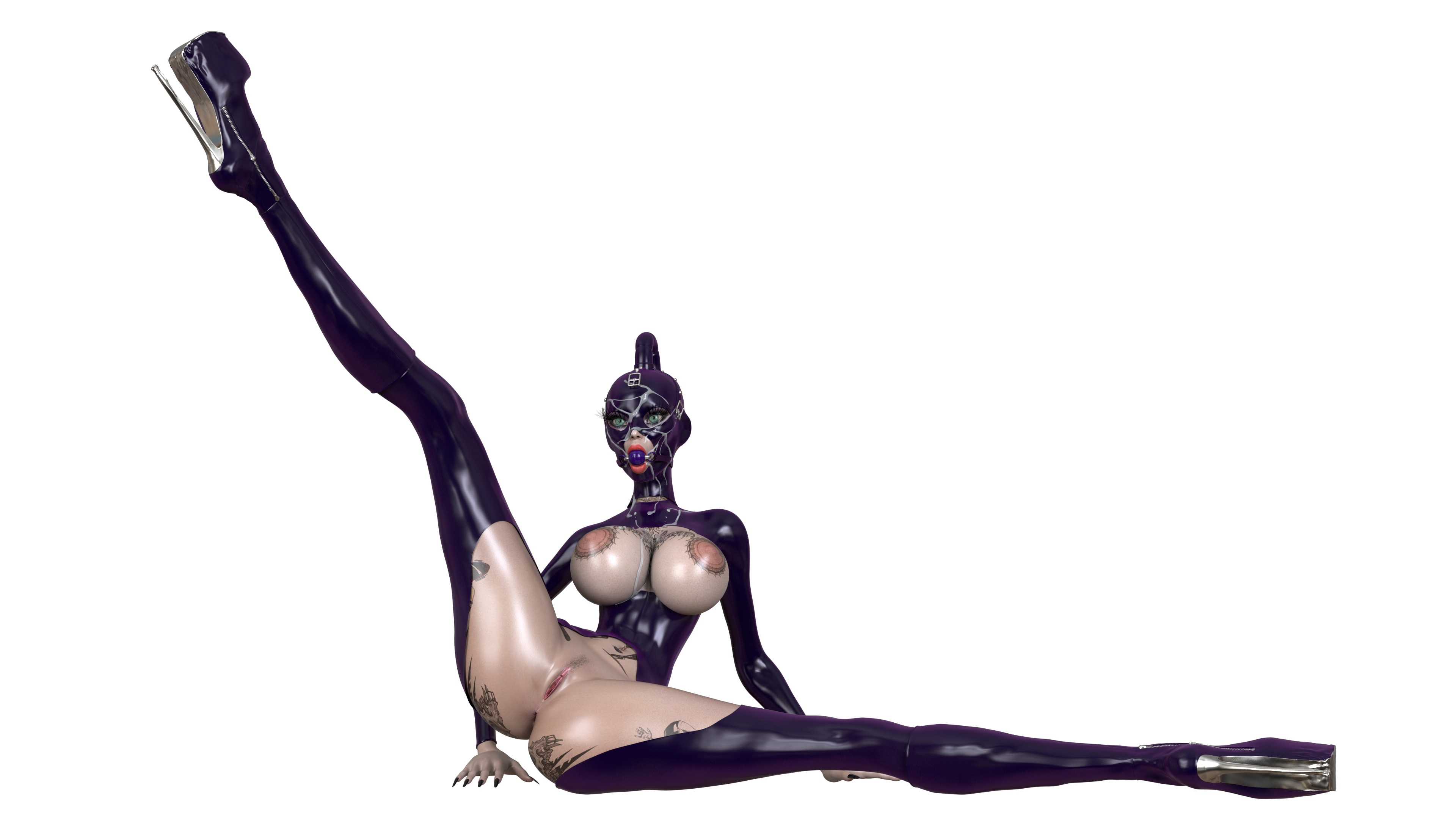Roze in Latex suit and mask cum covered  Female Bdsm Fetish Latex Mask Cum Covered Cum Cumshot Gagged Gag Ball Ballgag Sexy Big boobs Big Breasts 3d Porn 3