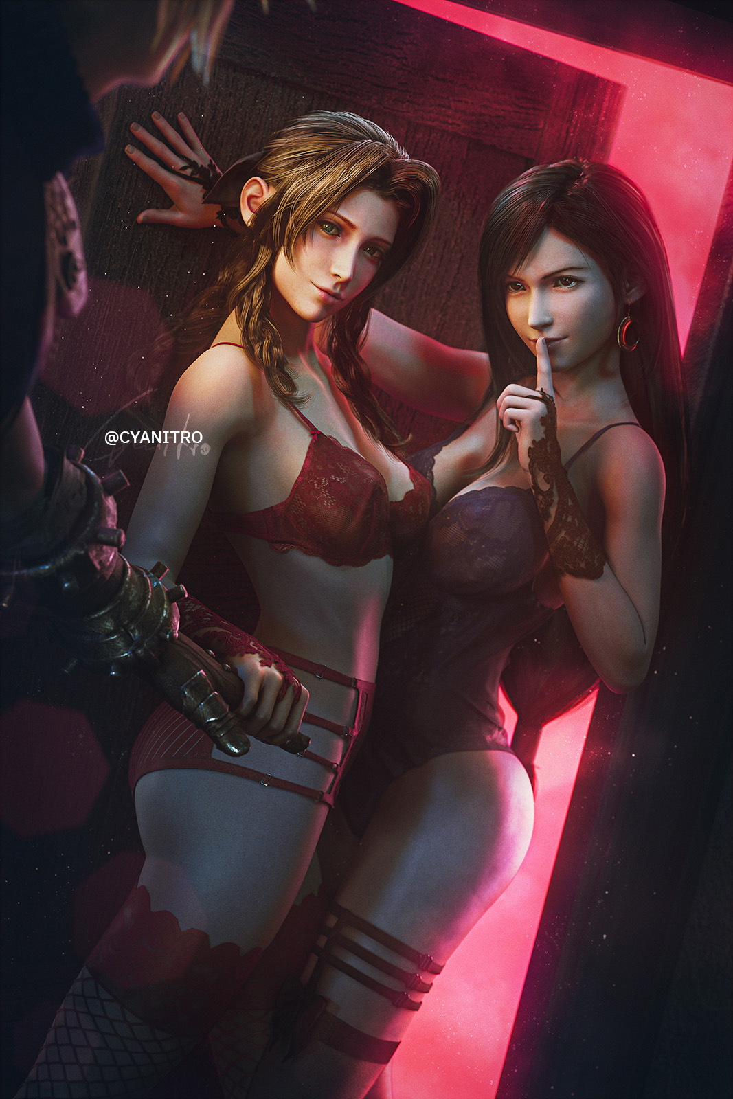 Invitation to Cloud ( Aerith | Tifa | FF7 )  Final Fantasy Final Fantasy 7 Remake Final Fantasy 7 Final Fantasy VII Ff7r Aerith Gainsborough Tifa Lockhart Tifa Cloud Cloud Strife Threesome Sexy Sexy Lingerie Thigh Highs Fishnet Stockings Boobs Big Tits Big Boobs Ass
