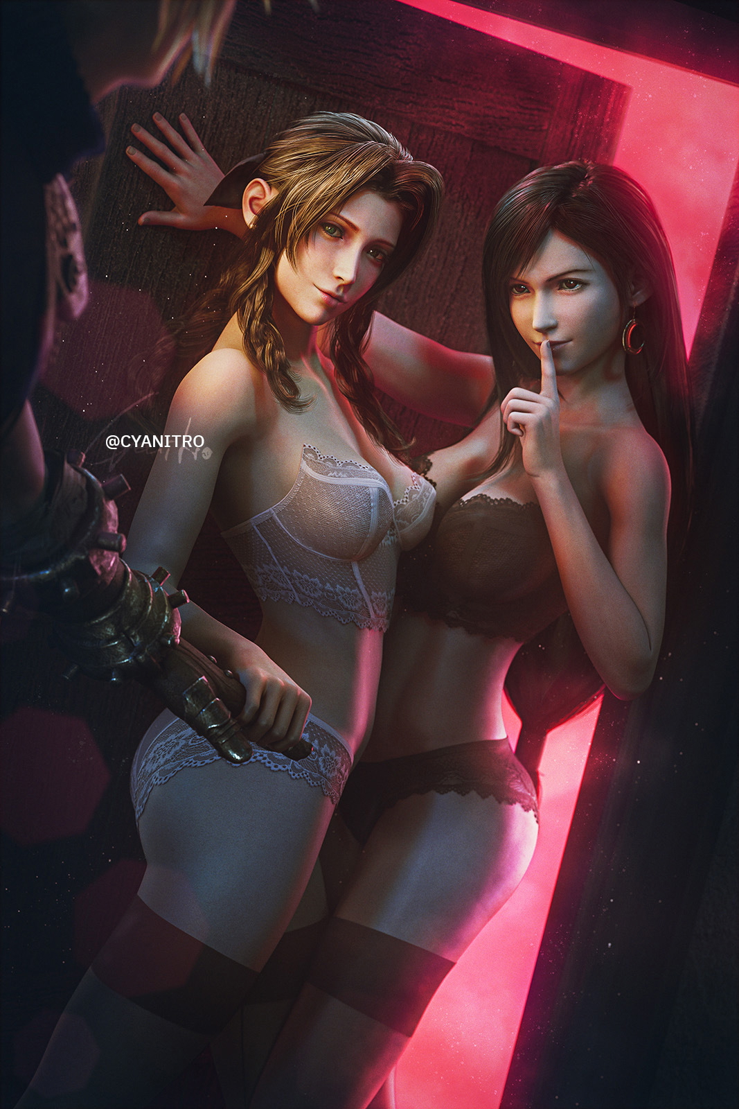Invitation to Cloud ( Aerith | Tifa | FF7 )  Final Fantasy Final Fantasy 7 Remake Final Fantasy 7 Final Fantasy VII Ff7r Aerith Gainsborough Tifa Lockhart Tifa Cloud Cloud Strife Threesome Sexy Sexy Lingerie Thigh Highs Fishnet Stockings Boobs Big Tits Big Boobs Ass 3