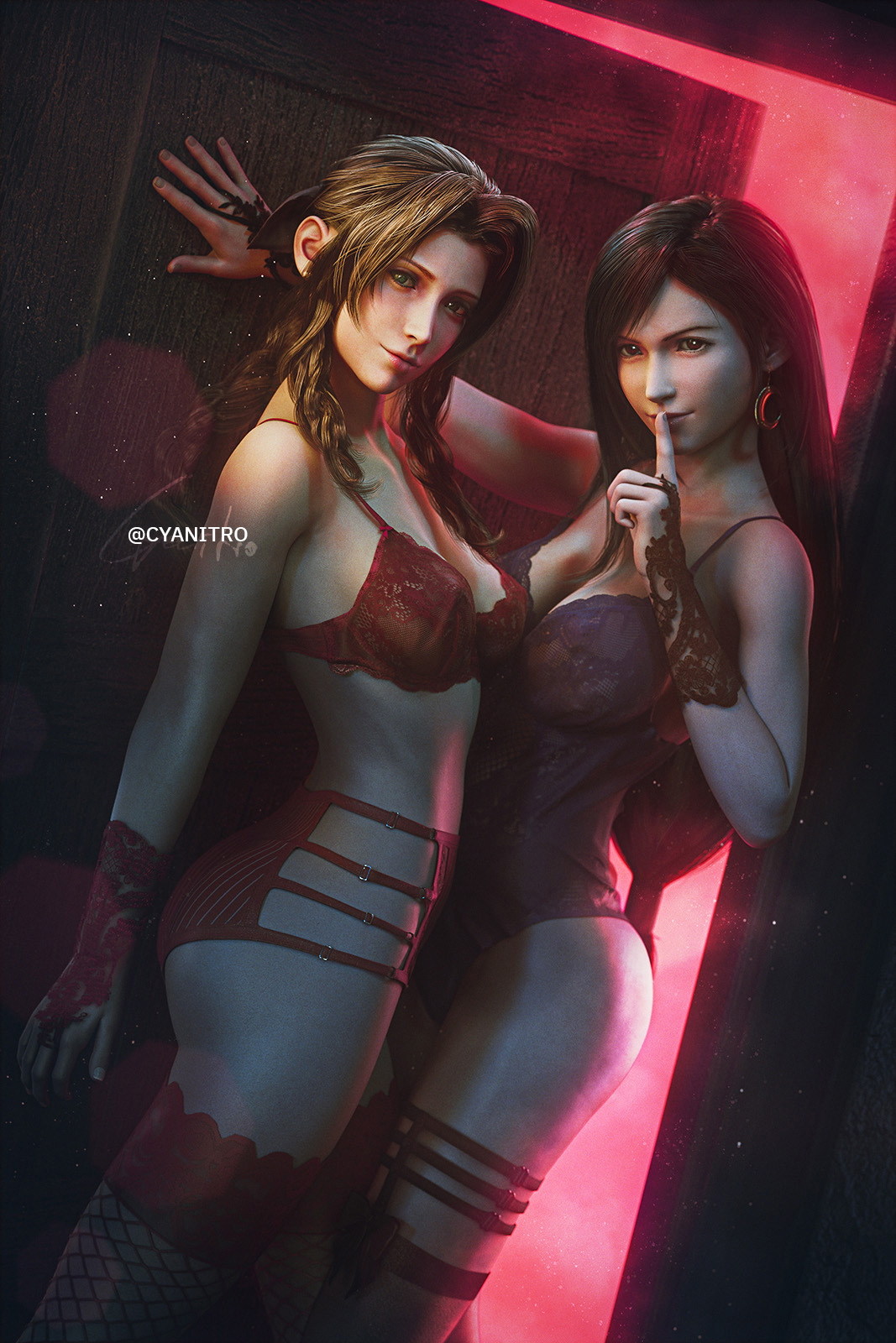 Invitation to Cloud ( Aerith | Tifa | FF7 )  Final Fantasy Final Fantasy 7 Remake Final Fantasy 7 Final Fantasy VII Ff7r Aerith Gainsborough Tifa Lockhart Tifa Cloud Cloud Strife Threesome Sexy Sexy Lingerie Thigh Highs Fishnet Stockings Boobs Big Tits Big Boobs Ass 7