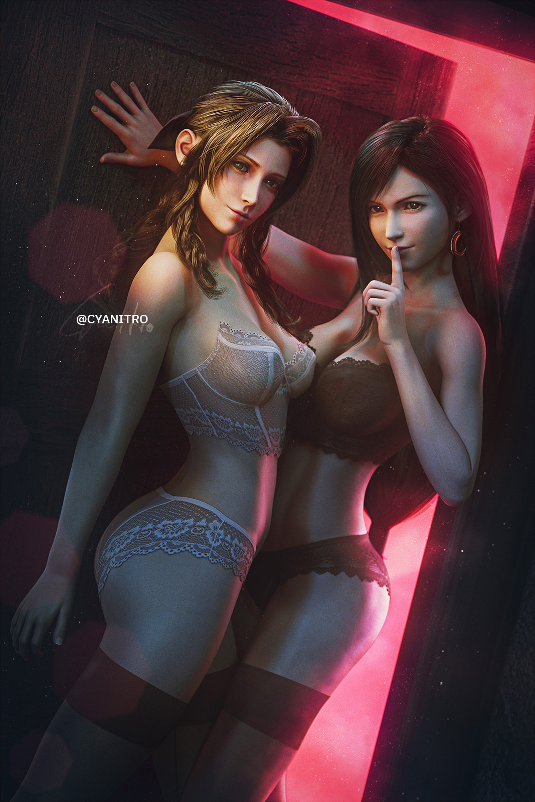 Invitation to Cloud ( Aerith | Tifa | FF7 )  Final Fantasy Final Fantasy 7 Remake Final Fantasy 7 Final Fantasy VII Ff7r Aerith Gainsborough Tifa Lockhart Tifa Cloud Cloud Strife Threesome Sexy Sexy Lingerie Thigh Highs Fishnet Stockings Boobs Big Tits Big Boobs Ass 8