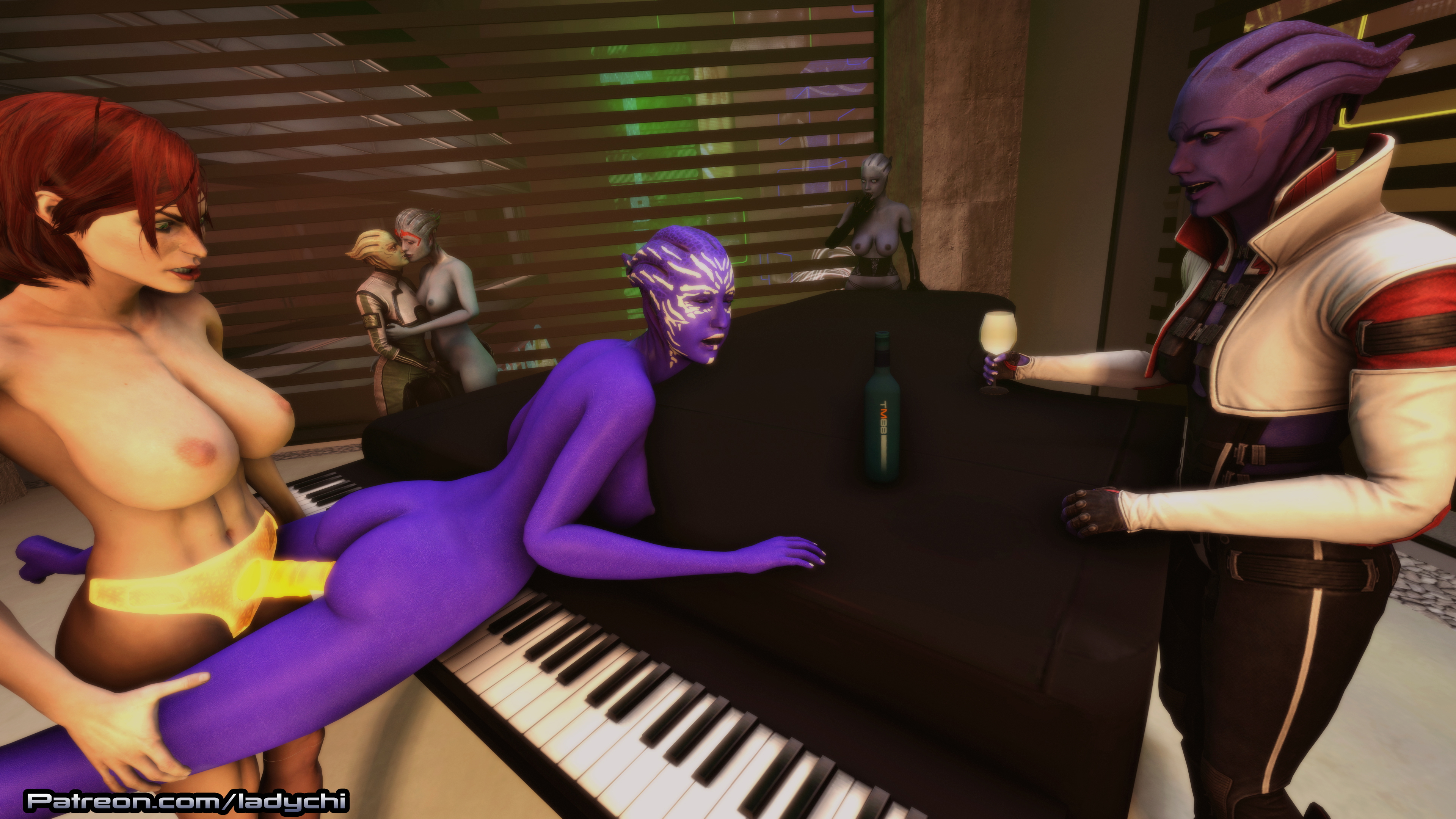 Shepard and the Asari keep partying! Asari (mass Effect) Mass Effect Sfm Lesbian Strapon Sex Toy Lesbians Yuri