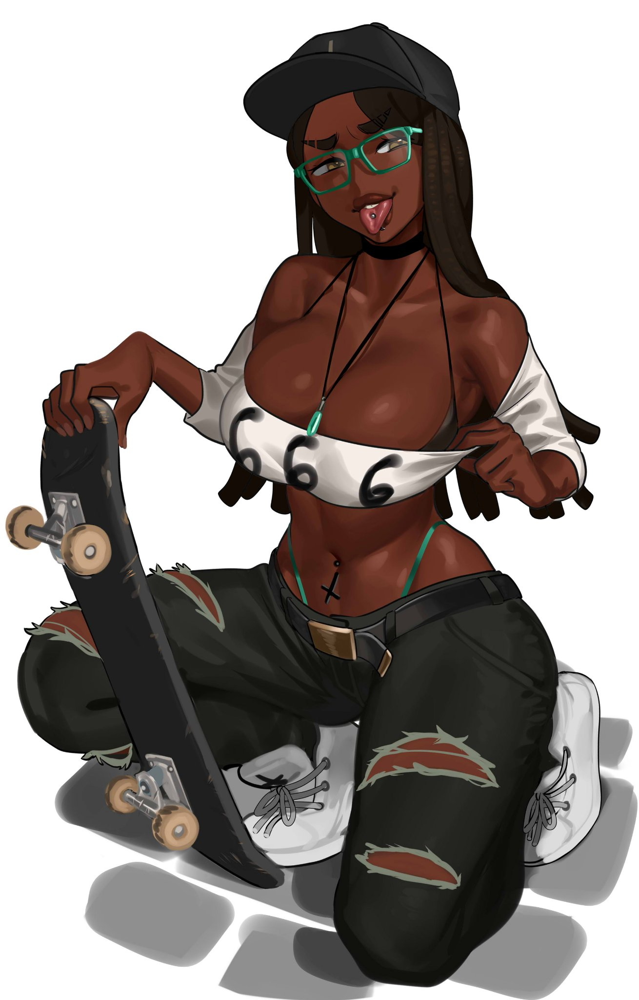 Seto  the Skatergirl ( Commission )  Skater Ebony Dark Skin Female Dark Skin Piercing 666 Ripped Clothes Glasses Thong Flashing Slut Brunette Kneeling Long Hair Choker Collar 2