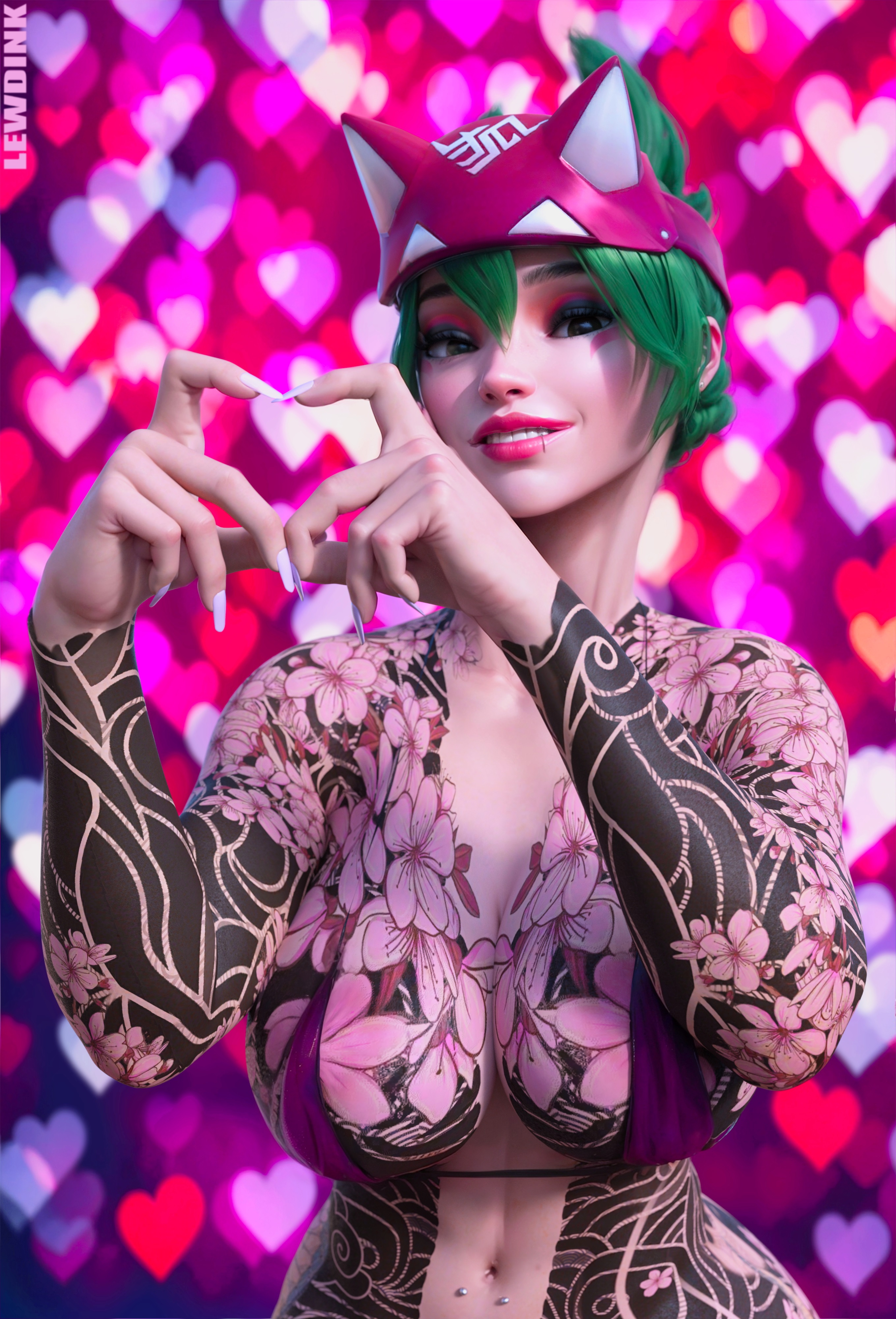 Happy Valentine s Day Kiriko Overwatch Happy Face Green Eyes Green Hair Big Tits Big boobs Huge Boobs Tattoo Tattoos Love Smile Looking At Viewer Looking Pleasured Bikini Sexy Bikini Ponytail Face Tattoo