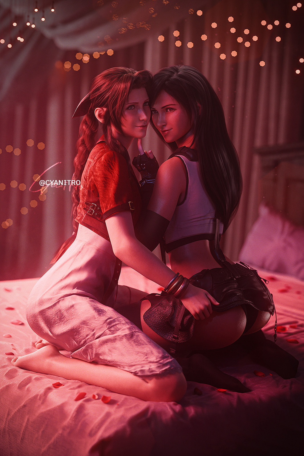 Tifa and Aerith Teasing ( Aerith | Tifa | FF7 )  Final Fantasy Final Fantasy 7 Remake Final Fantasy 7 Final Fantasy VII Ff7r Aerith Gainsborough Tifa Lockhart Tifa Cloud Cloud Strife Threesome Sexy Sexy Legs Thigh Highs Fishnet Stockings Fishnet Boobs Big Tits Big boobs Big Ass Ass 4