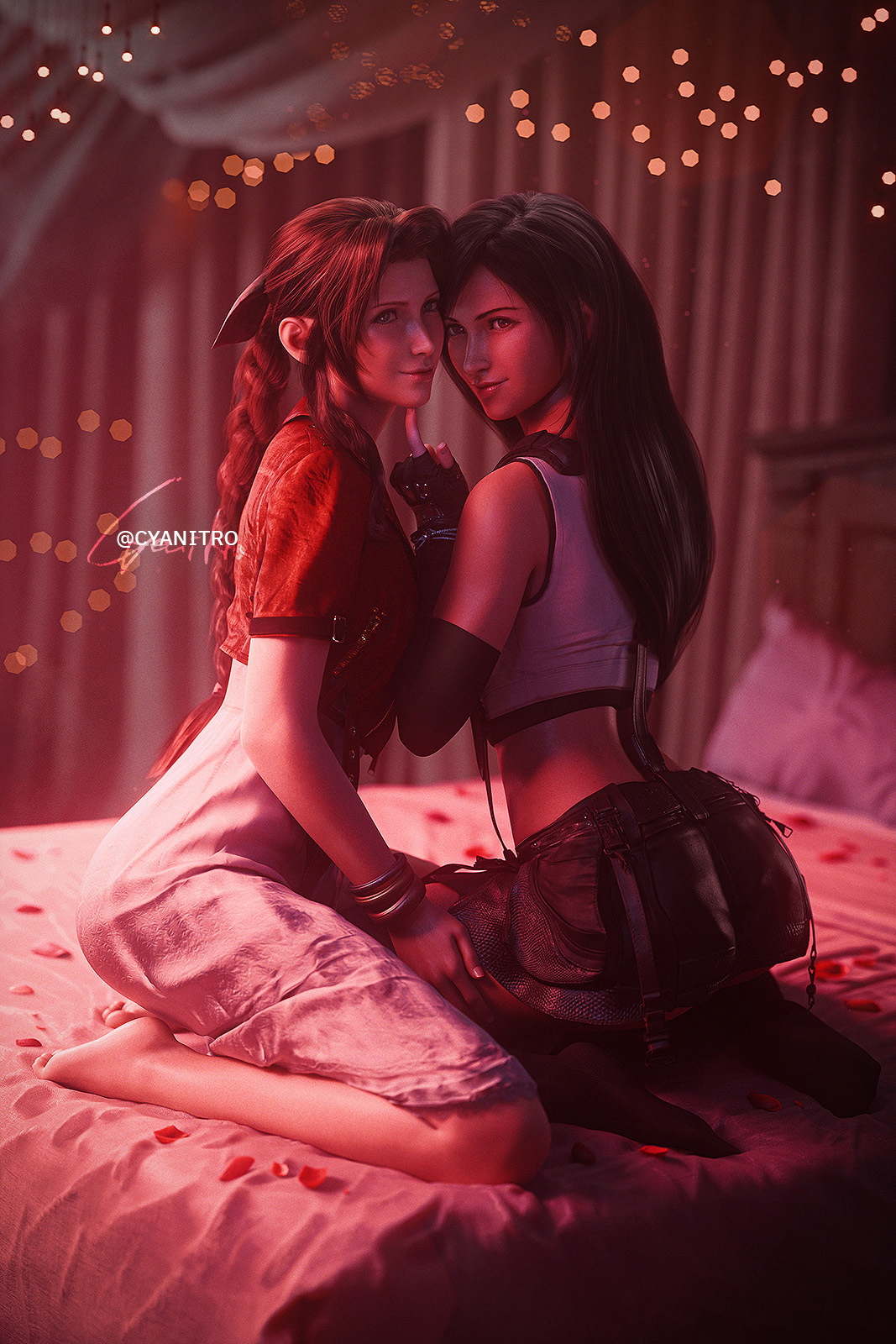 Tifa and Aerith Teasing ( Aerith | Tifa | FF7 )  Final Fantasy Final Fantasy 7 Remake Final Fantasy 7 Final Fantasy VII Ff7r Aerith Gainsborough Tifa Lockhart Tifa Cloud Cloud Strife Threesome Sexy Sexy Legs Thigh Highs Fishnet Stockings Fishnet Boobs Big Tits Big boobs Big Ass Ass 5