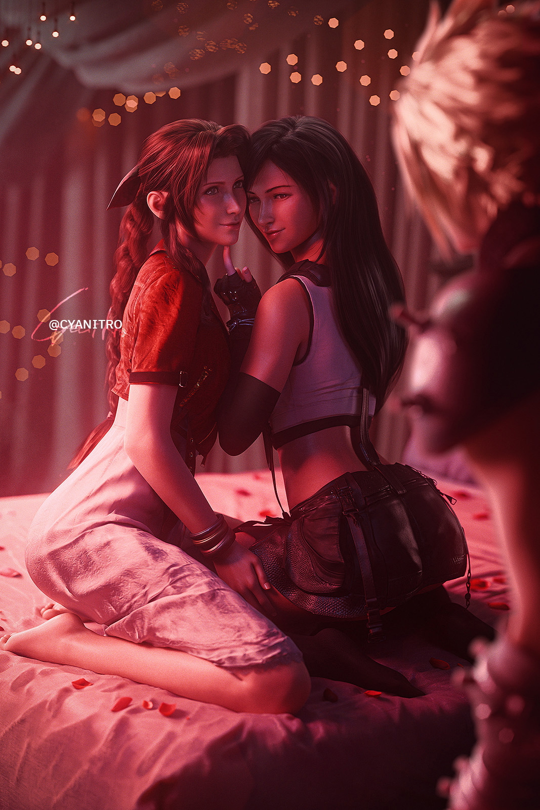 Tifa and Aerith Teasing ( Aerith | Tifa | FF7 )  Final Fantasy Final Fantasy 7 Remake Final Fantasy 7 Final Fantasy VII Ff7r Aerith Gainsborough Tifa Lockhart Tifa Cloud Cloud Strife Threesome Sexy Sexy Legs Thigh Highs Fishnet Stockings Fishnet Boobs Big Tits Big boobs Big Ass Ass 7