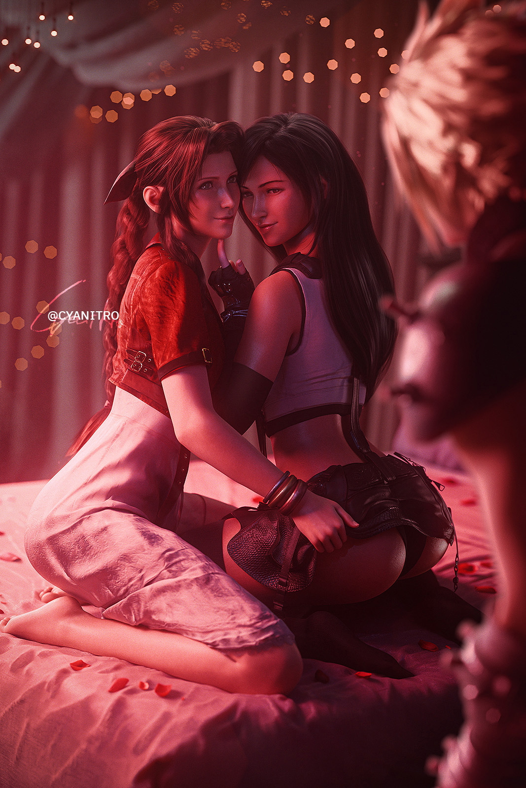 Tifa and Aerith Teasing ( Aerith | Tifa | FF7 )  Final Fantasy Final Fantasy 7 Remake Final Fantasy 7 Final Fantasy VII Ff7r Aerith Gainsborough Tifa Lockhart Tifa Cloud Cloud Strife Threesome Sexy Sexy Legs Thigh Highs Fishnet Stockings Fishnet Boobs Big Tits Big boobs Big Ass Ass 8