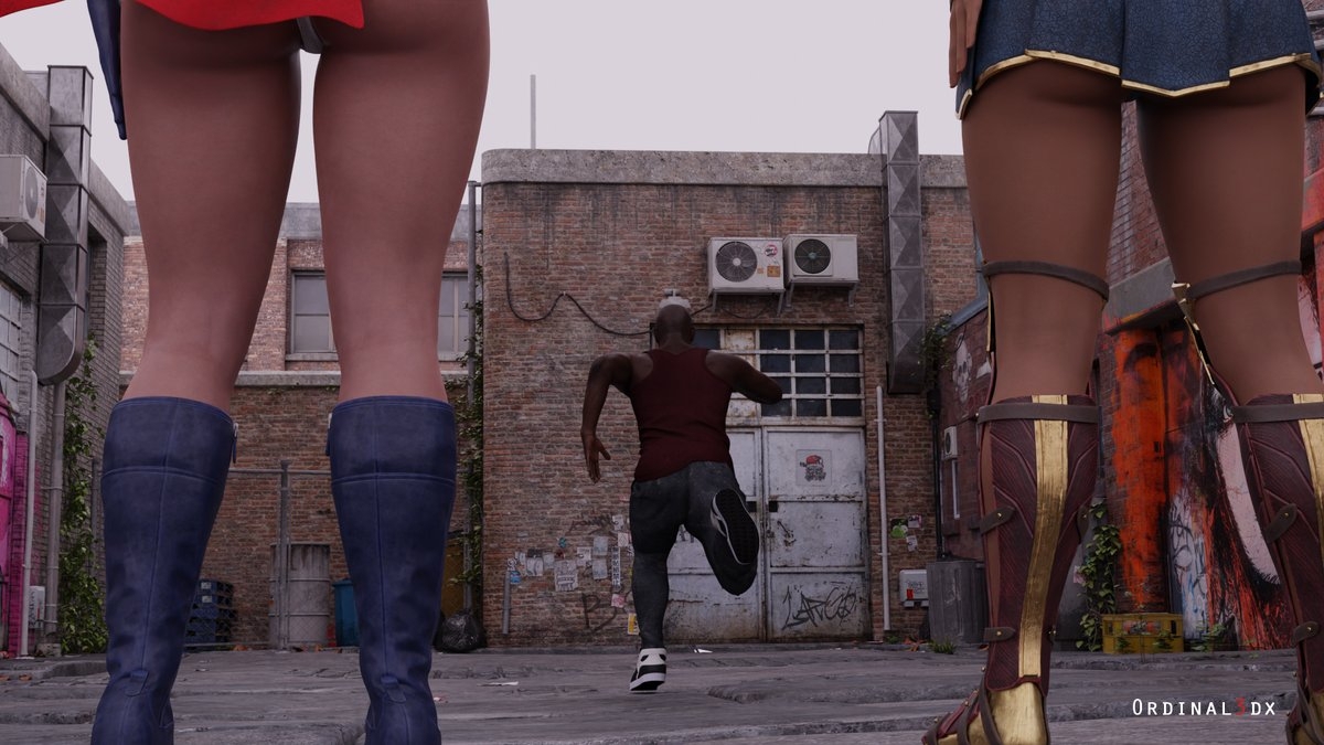 Superhero chase in alleyway scene.  Qos