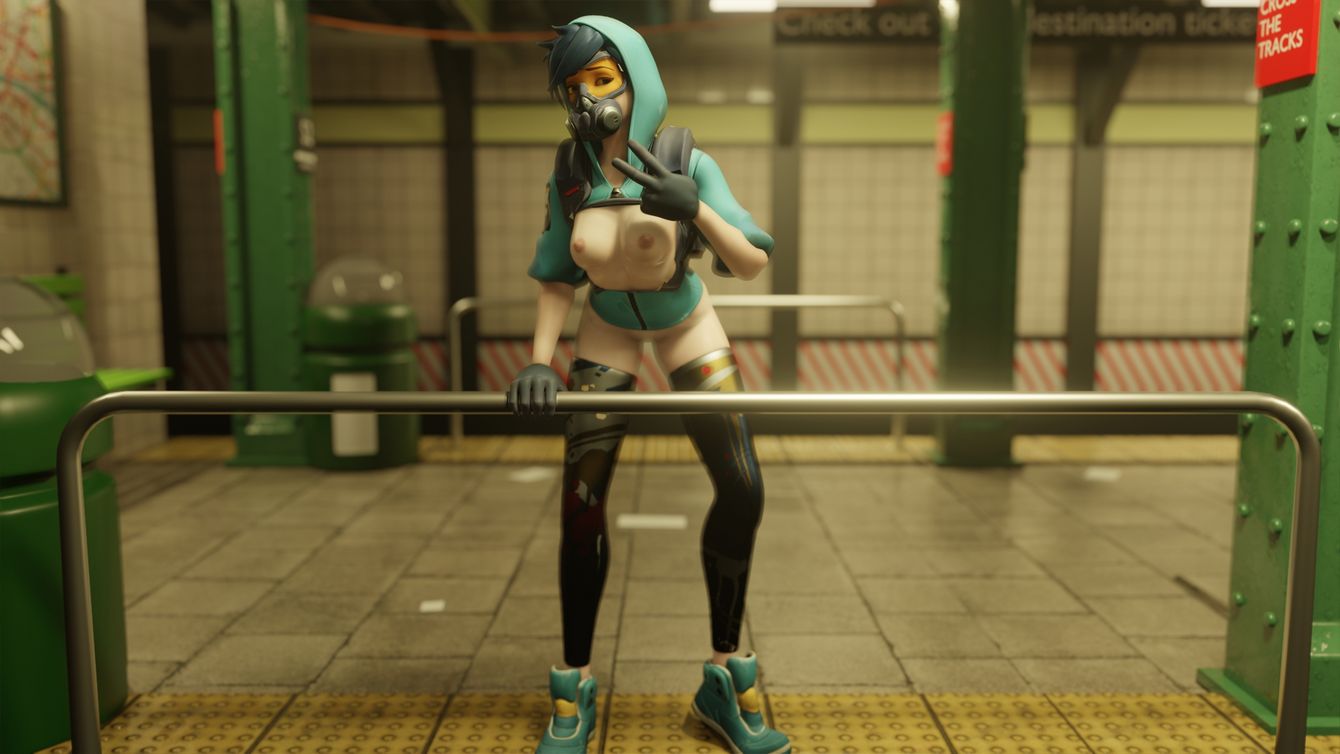Tracer posing in the subway Tracer Overwatch Pose Nude Half Naked Natural Tits