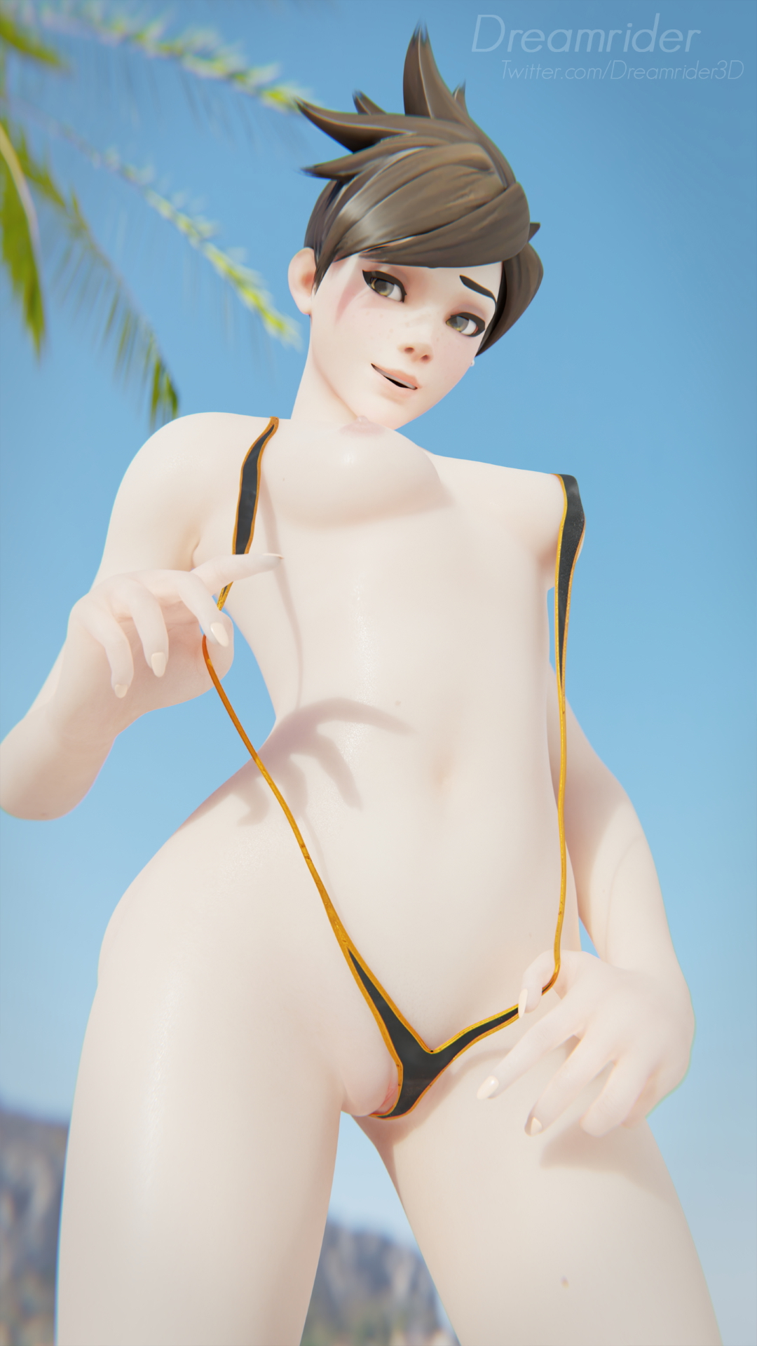 Tracer teasing u at the beach or sumthin Tracer Overwatch 3d Porn Swimsuit Beach Half Naked Dildo Natural Boobs Nipples Pussy Insertion Sexy