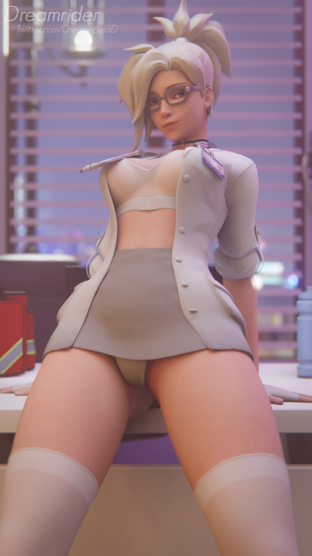 Taking a lil break from work Mercy Overwatch Half Naked Nude Glasses Pussy Natural Boobs Strapon Dildo Smile