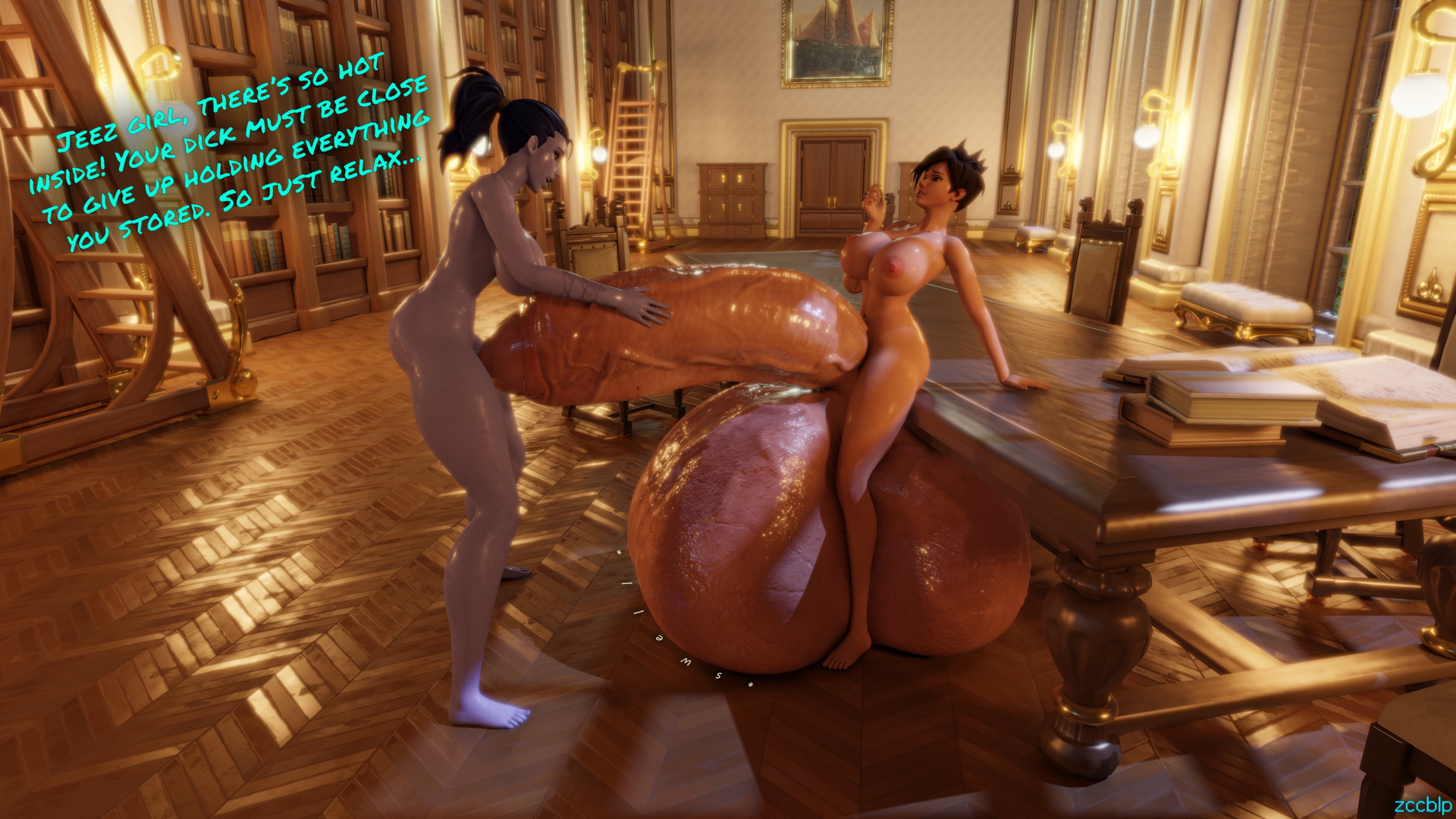 widowmaker and tracer Overwatch Widowmaker Tracer Futanari Huge Cock Huge Balls Docking Veins Cum 2