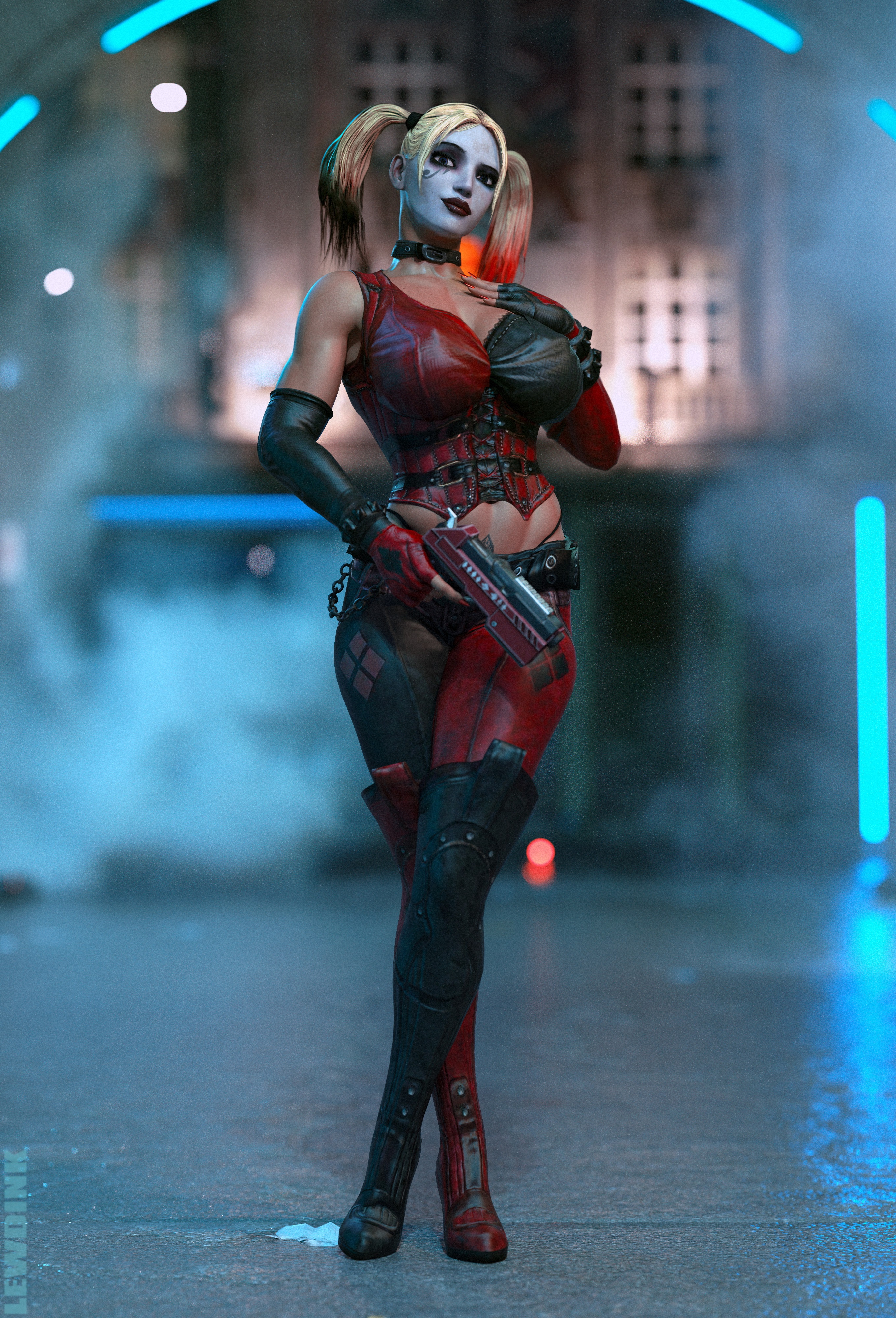 Pharah - Harley Quinn Cosplay Harley Quinn Pharah Pharah (overwatch) Overwatch Dc Comics Outdoor Posing Pose Latex Latex Suit Latex Stockings Leather Corset Makeup Ruined Makeup Pigtails Blonde Red Hair Blue Hair Weapon Gun High Heels Looking At Viewer Collar Choker Cosplay Baseball 2