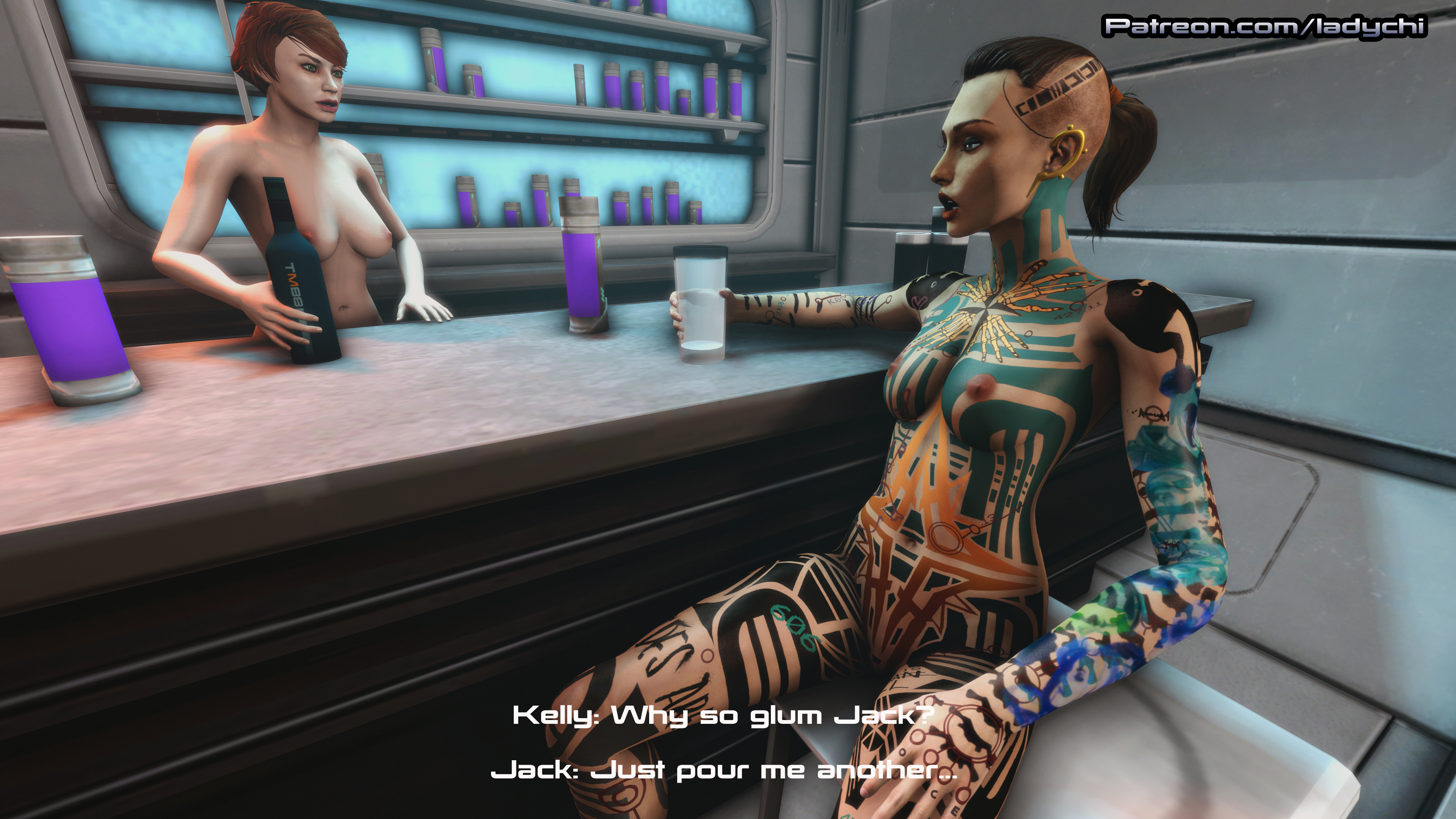 Jack at the bar! Mass Effect Jack Tattoo Videogame Sfm Nude Naked Yuri 3