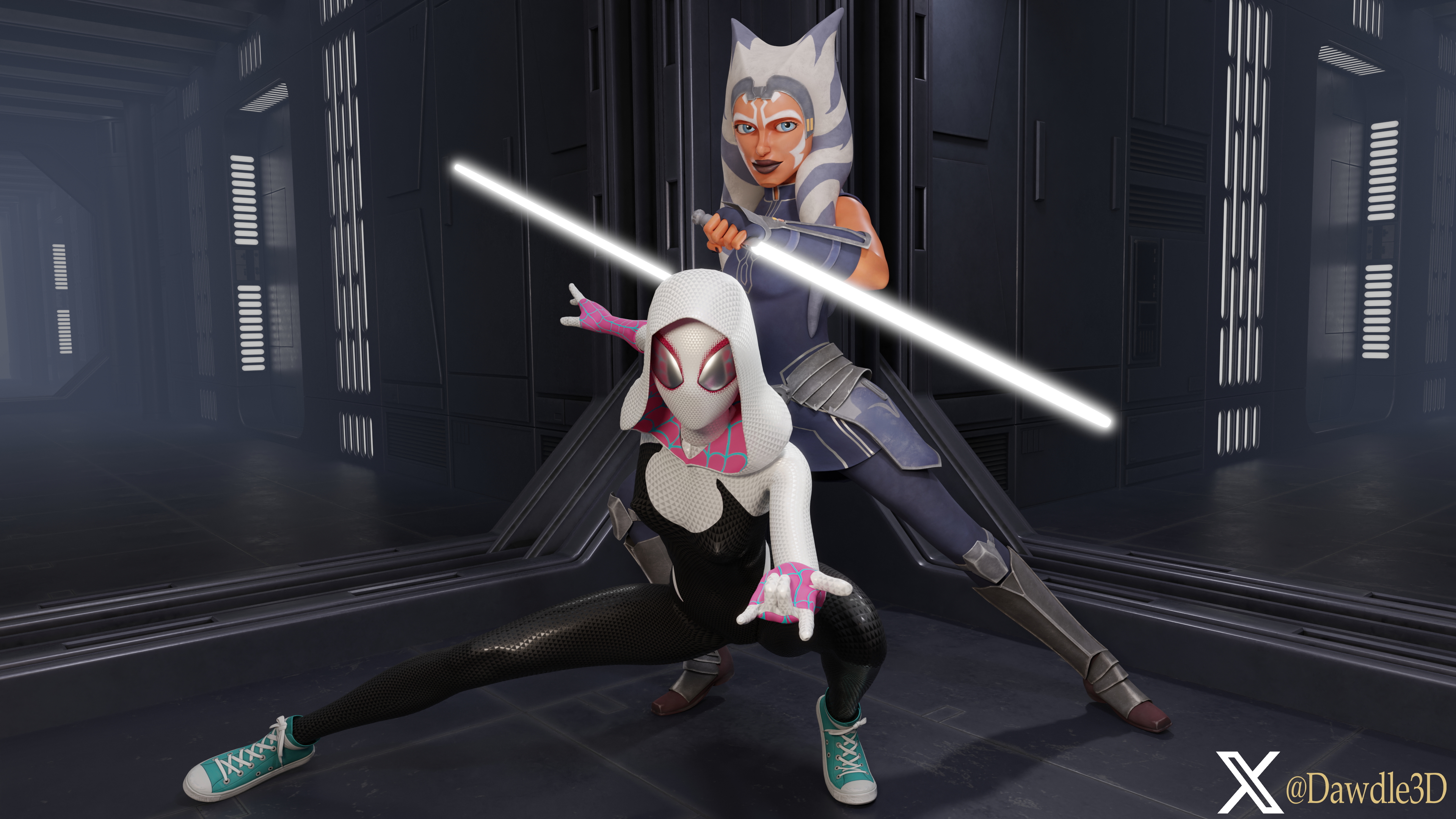 Star Wars and Marvel Crossover Starwars Star Wars Marvel Spider-man Intothespiderverse Ahsoka Tano Gwen Stacy 3d Porn Nude Crossover 3