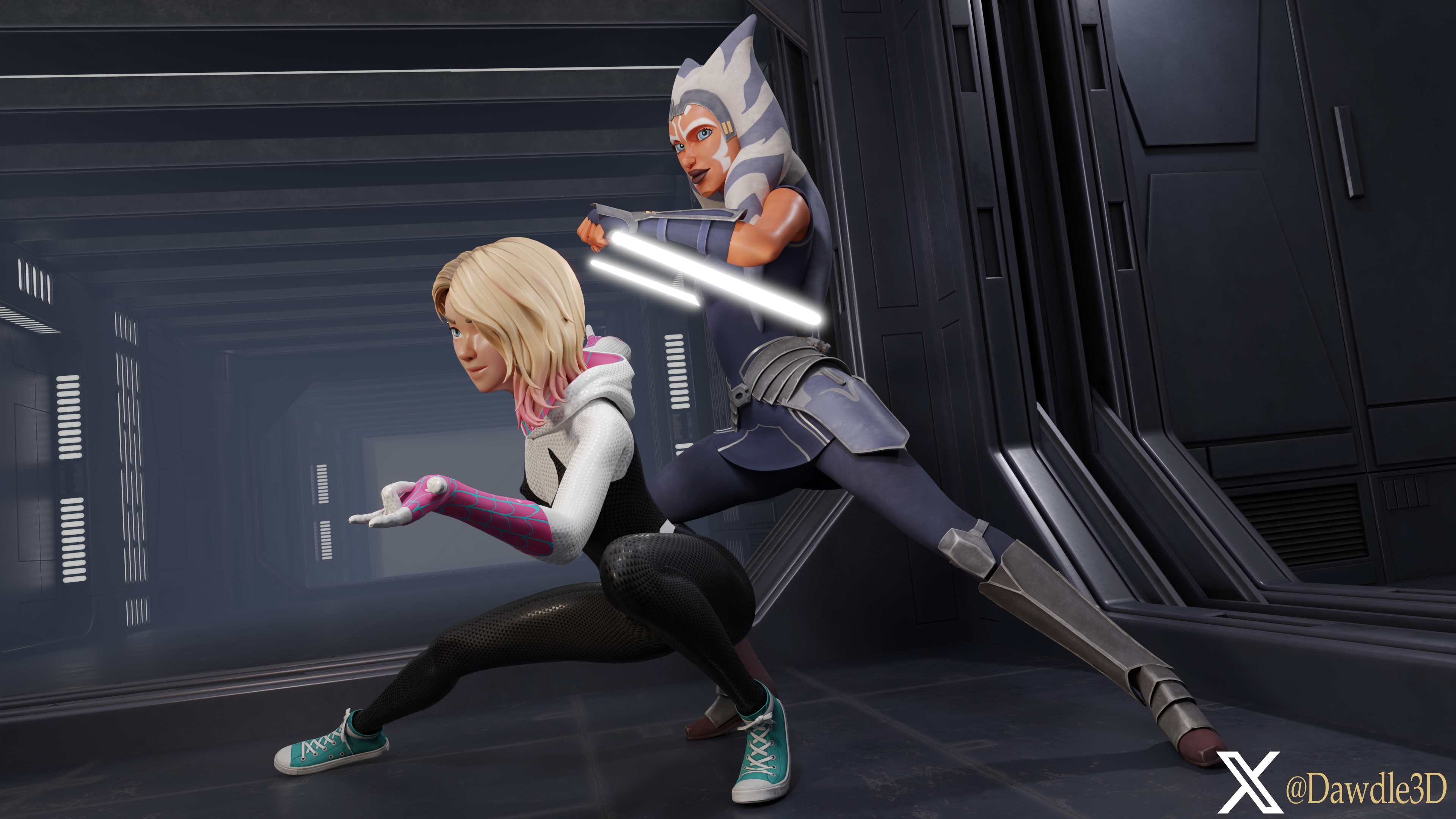 Star Wars and Marvel Crossover Starwars Star Wars Marvel Spider-man Intothespiderverse Ahsoka Tano Gwen Stacy 3d Porn Nude Crossover 11