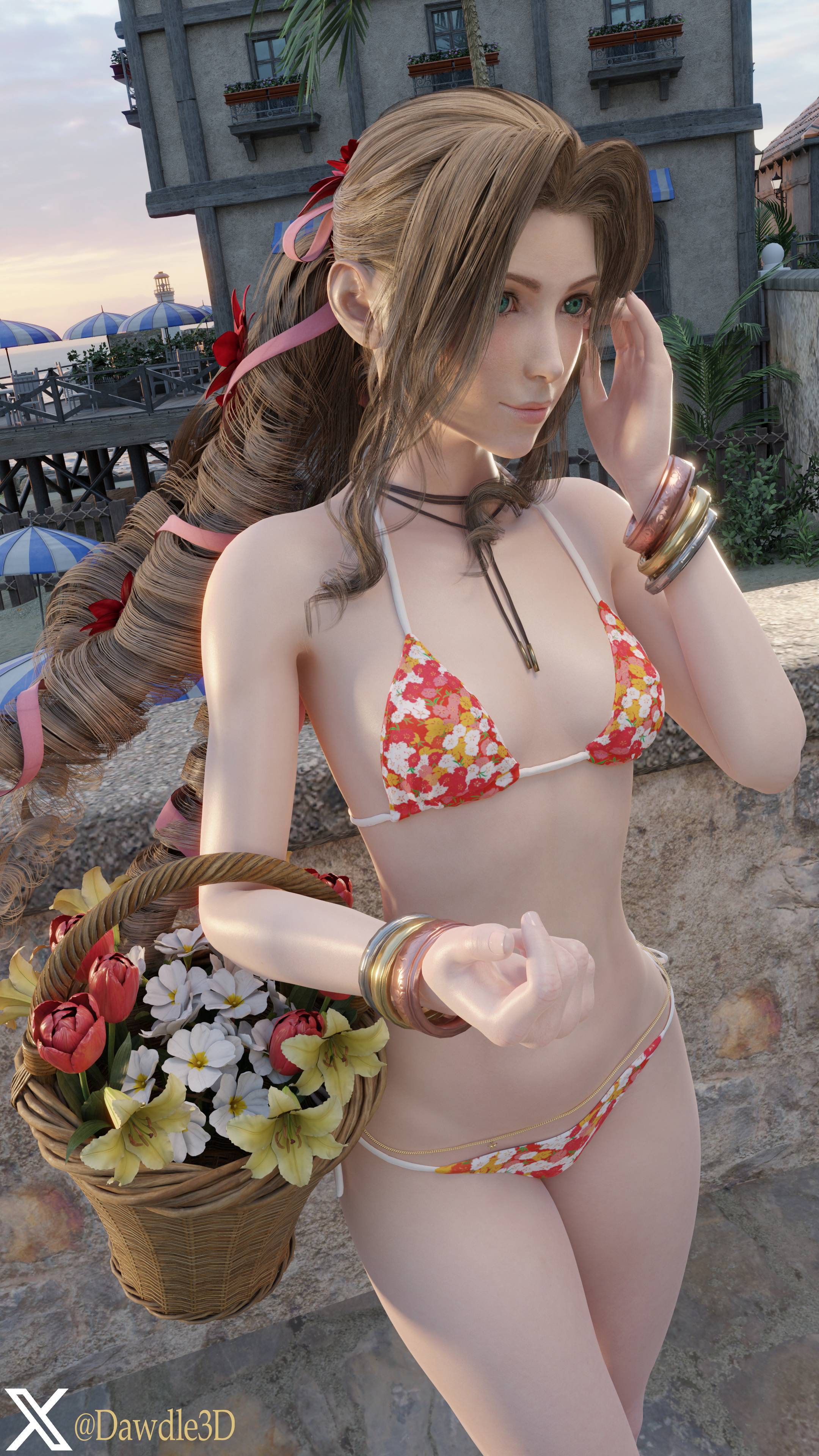 Aerith on the Beach Final Fantasy Final Fantasy 7 Remake Aerith Gainsborough 3d Porn Piercing Belly Button Piercing Bikini Beach Nude 3