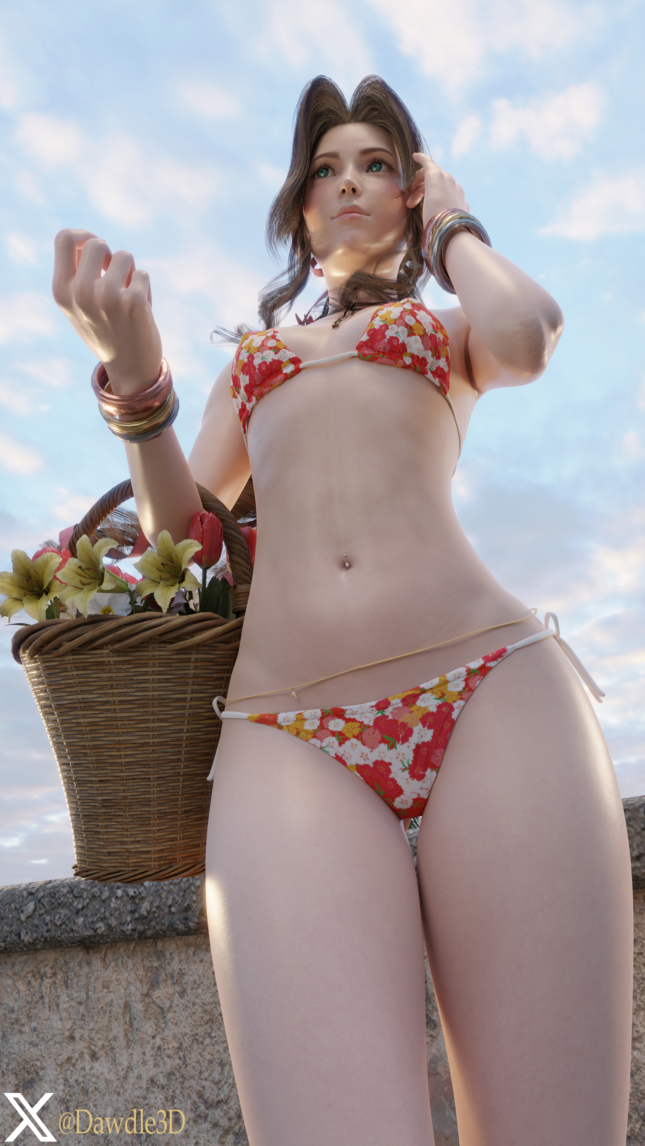Aerith on the Beach Final Fantasy Final Fantasy 7 Remake Aerith Gainsborough 3d Porn Piercing Belly Button Piercing Bikini Beach Nude 7