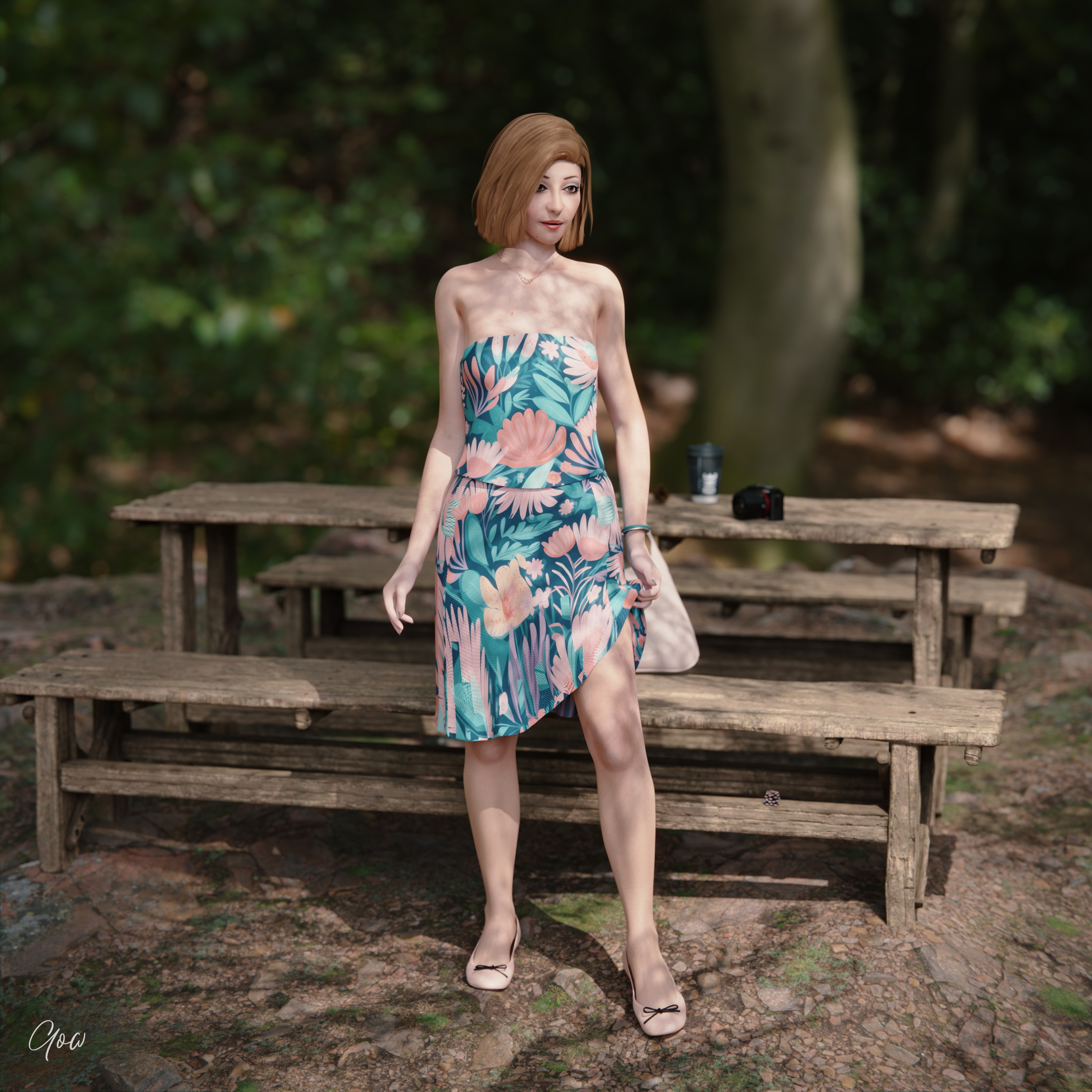 Outdoor tease set  part 1 White Photorealistic Dress Partially_clothed Clothed Wet Pussy Panties Milf Sexy Upskirt Original Character Tease Story Photoshoot Legs Spread Legs Outdoor Forest Posing Standing 3dnsfw 3d Porn 8