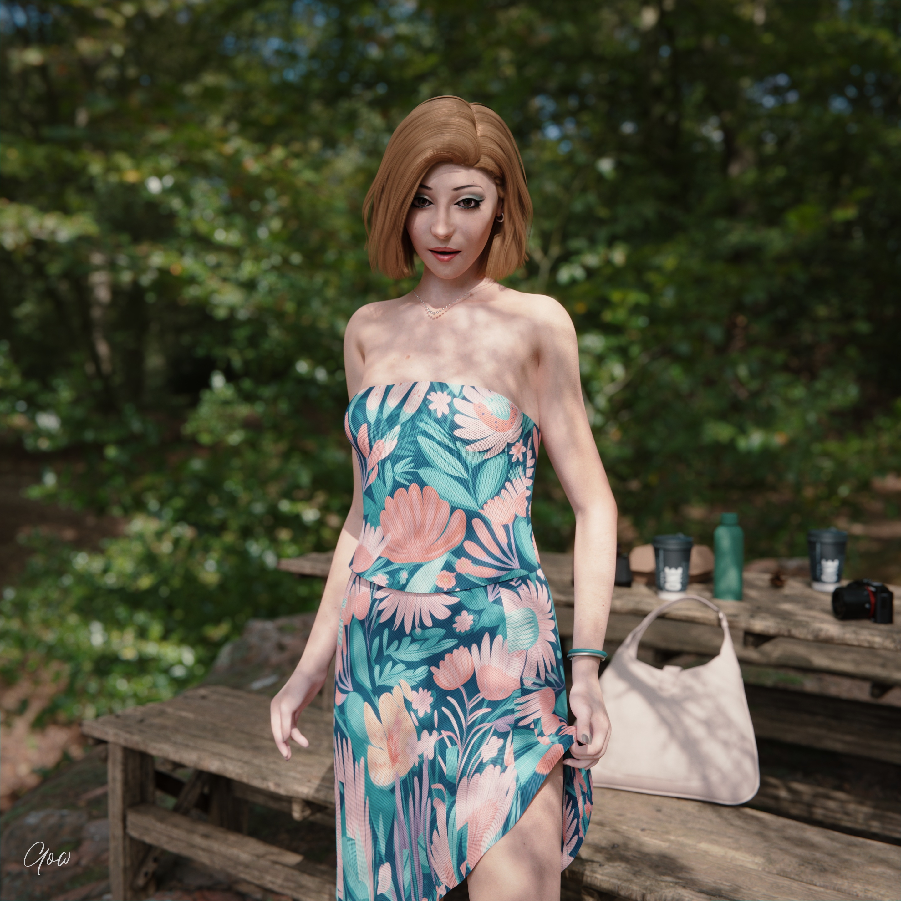 Outdoor tease set  part 1 White Photorealistic Dress Partially_clothed Clothed Wet Pussy Panties Milf Sexy Upskirt Original Character Tease Story Photoshoot Legs Spread Legs Outdoor Forest Posing Standing 3dnsfw 3d Porn 13