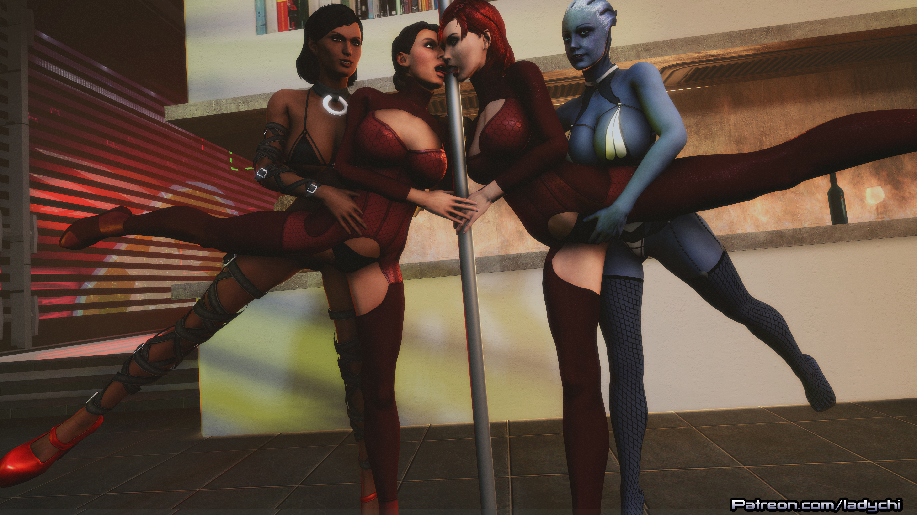 The Normandy crew Practices some  Ballet . Mass Effect Asari (mass Effect) Commander Shepard Samantha Traynor Liara T Soni Comics Femshep Red head Boobs Lesbians Naked Lesbian Girl On Girl Yuri Stockings 3