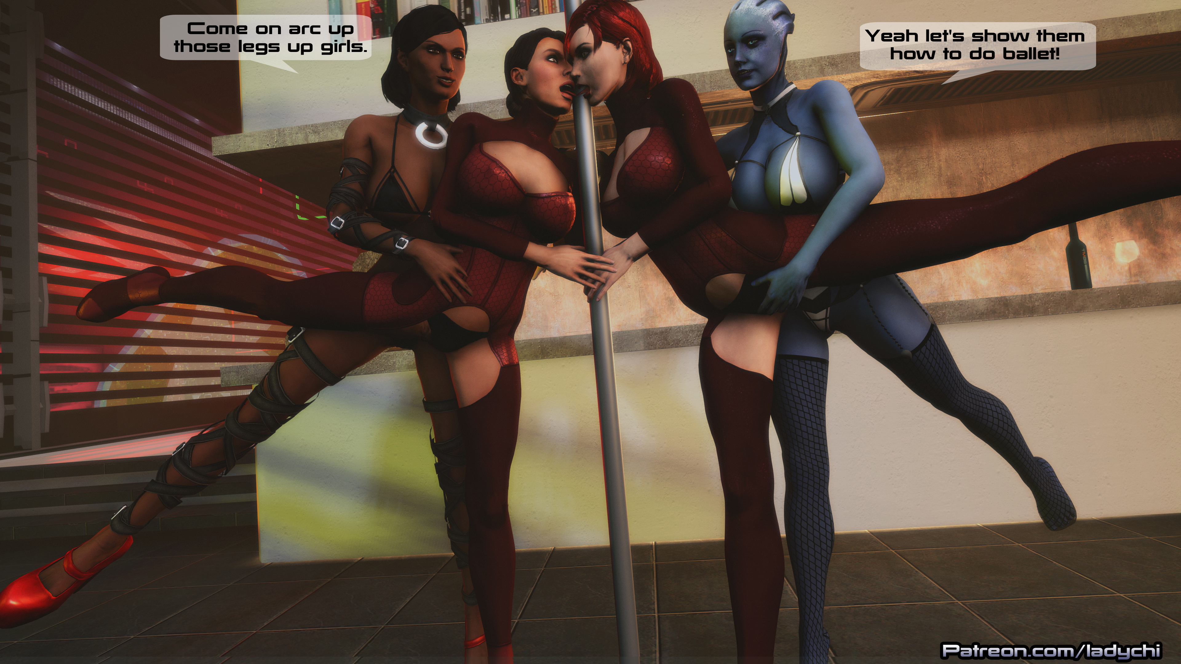 The Normandy crew Practices some  Ballet . Mass Effect Asari (mass Effect) Commander Shepard Samantha Traynor Liara T Soni Comics Femshep Red head Boobs Lesbians Naked Lesbian Girl On Girl Yuri Stockings 4