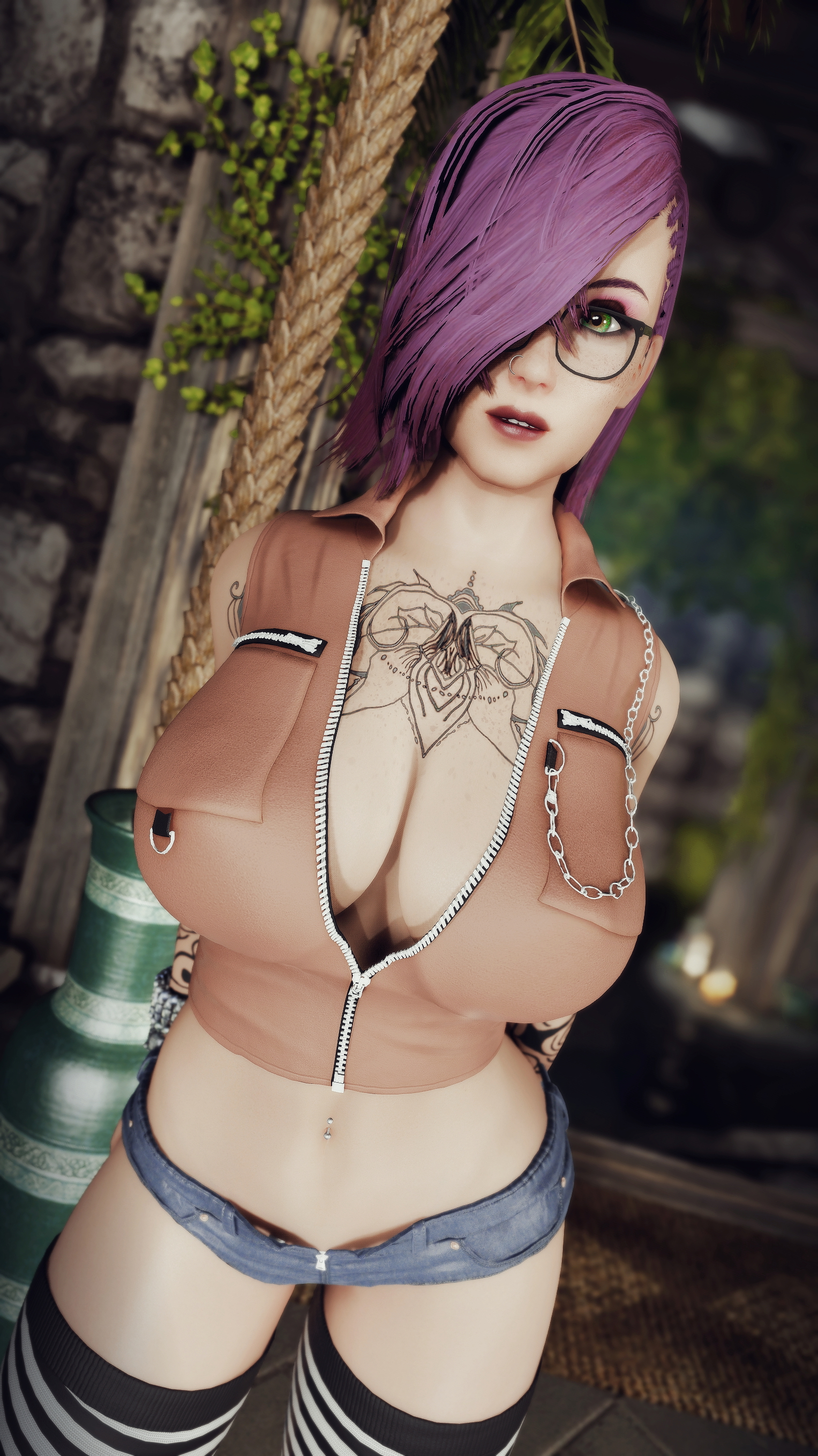 More Marie! Skyrim Big Tits Tattoo Nipple Piercing Nose Piercing Original Character Sexy Purple Hair Big Ass Naked