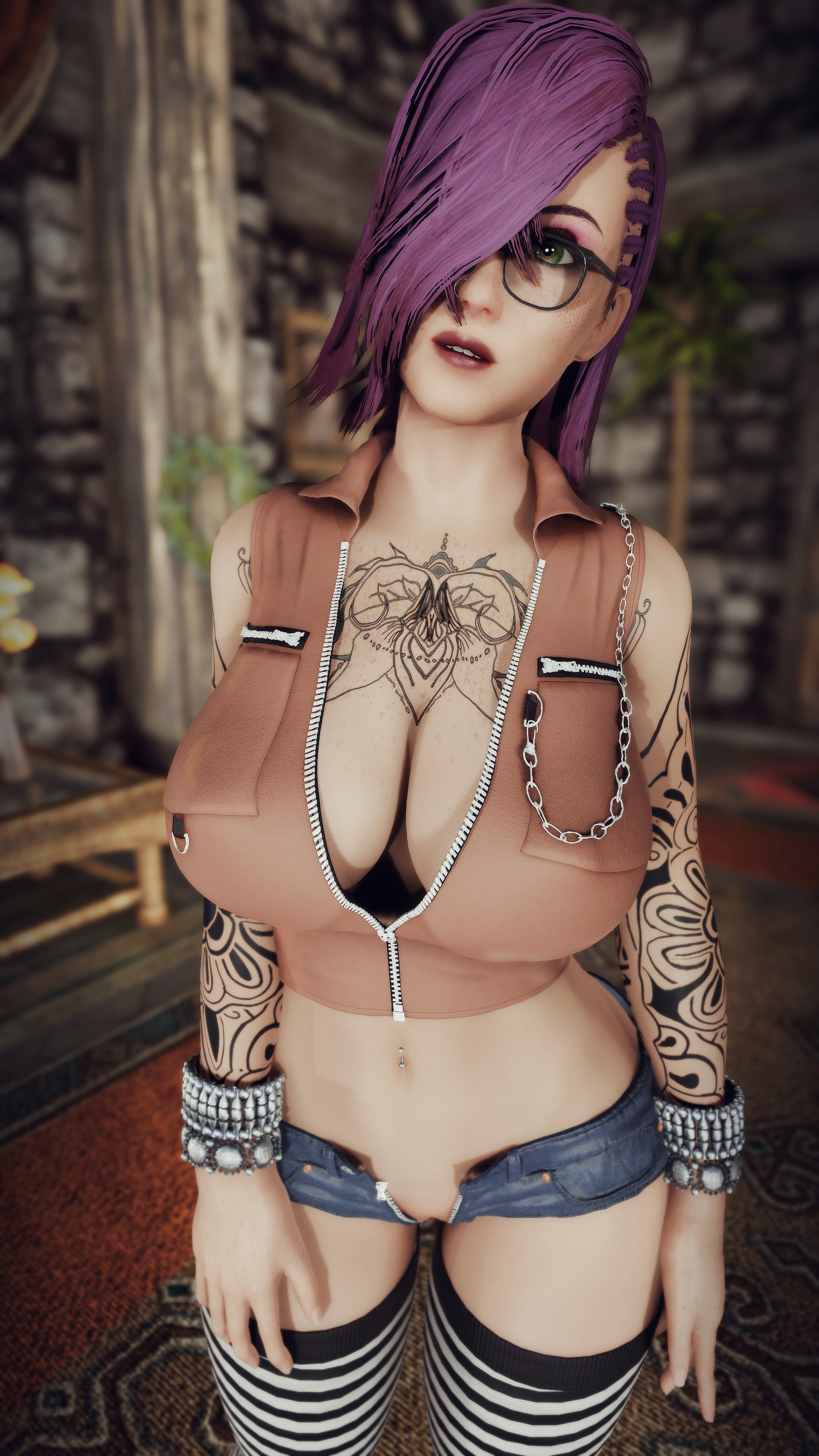 More Marie! Skyrim Big Tits Tattoo Nipple Piercing Nose Piercing Original Character Sexy Purple Hair Big Ass Naked 3