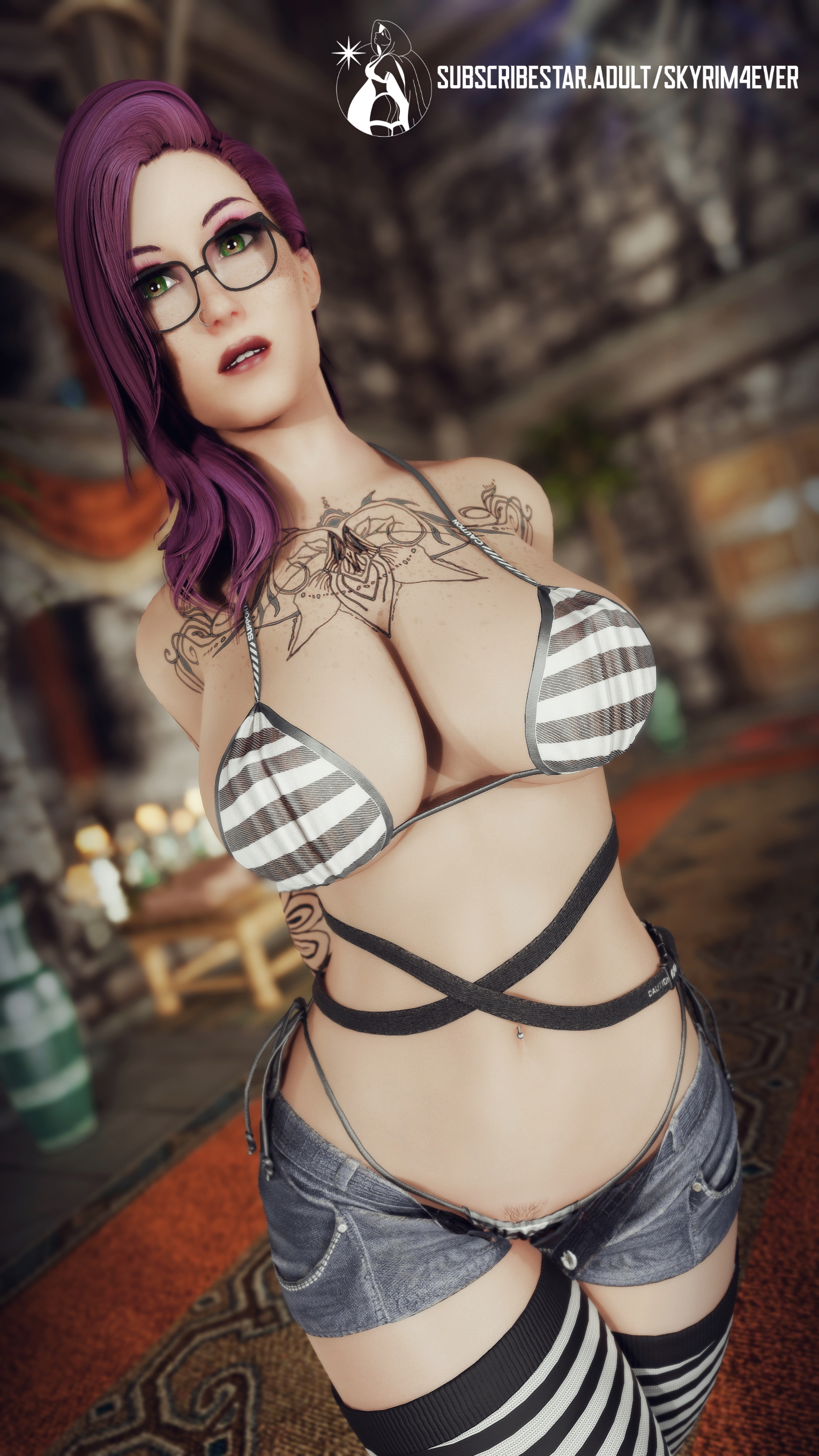 Marie On/Off Skyrim Original Character Tattoo Nipple Piercing Sexy Naked Swimsuit Purple Hair 3d Porn Big Tits Big boobs Big Ass 2