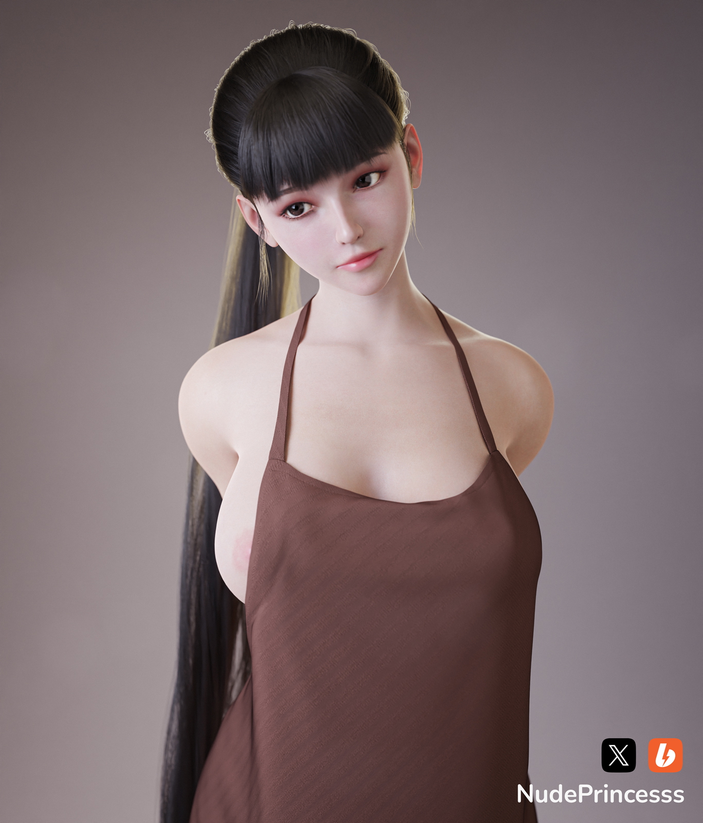 Eve Apron  Apron Ponytail Realistic Big boobs Asian Softcore Pink Nipples Long Hair Solo Teen Cute Half Naked Erotic Brown Eyes Black Hair