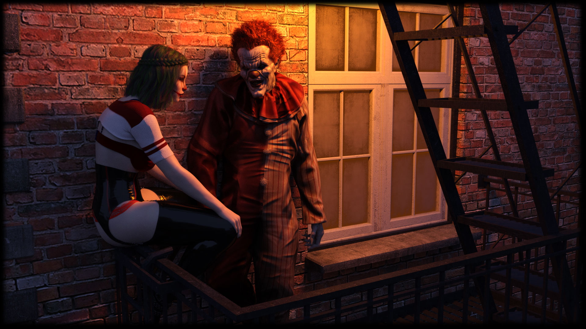 two clowns talking on a fire exit