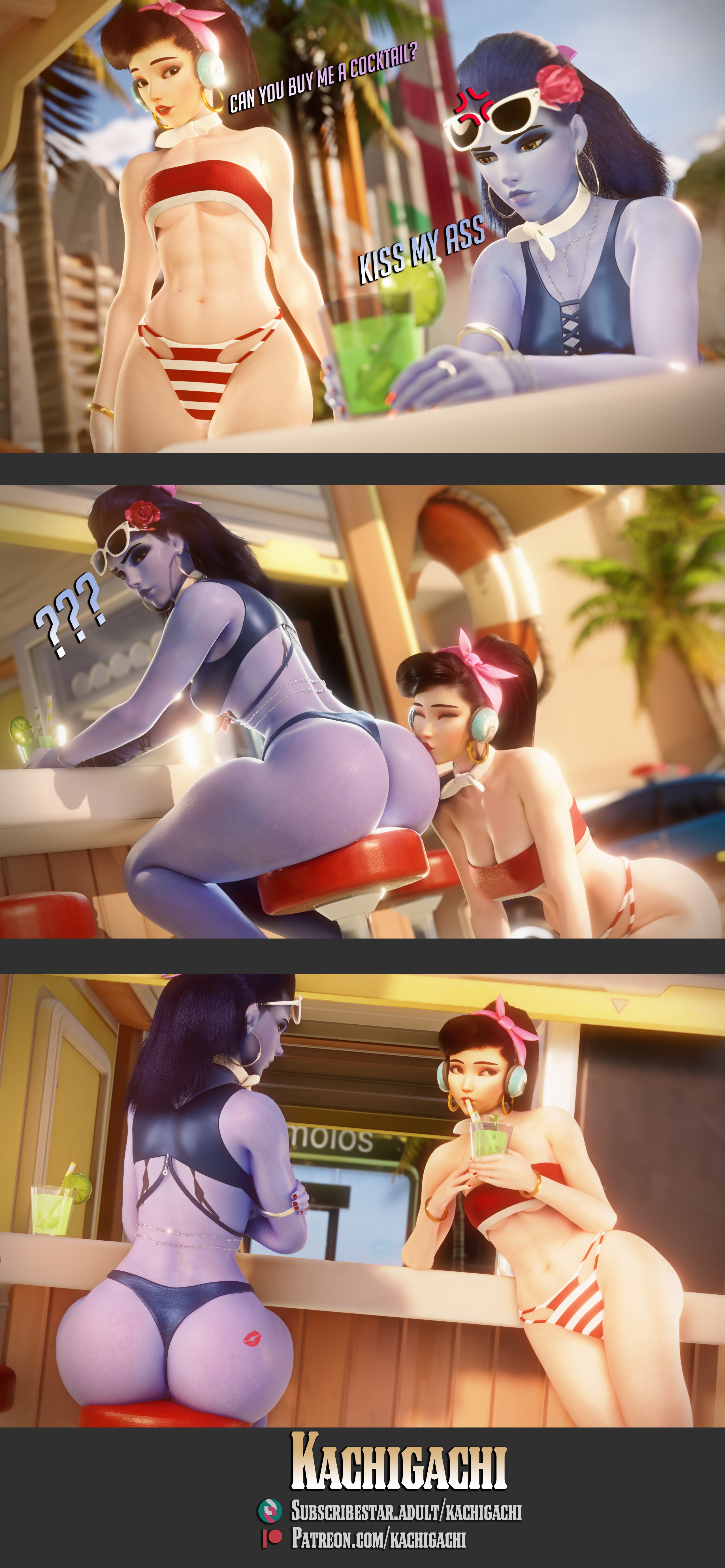  Free Cocktail  Overwatch Dva (overwatch) Widowmaker Comic Ass Big Ass Kiss Kissing Lipstick Thong Swimsuit Sexy Beach Summer