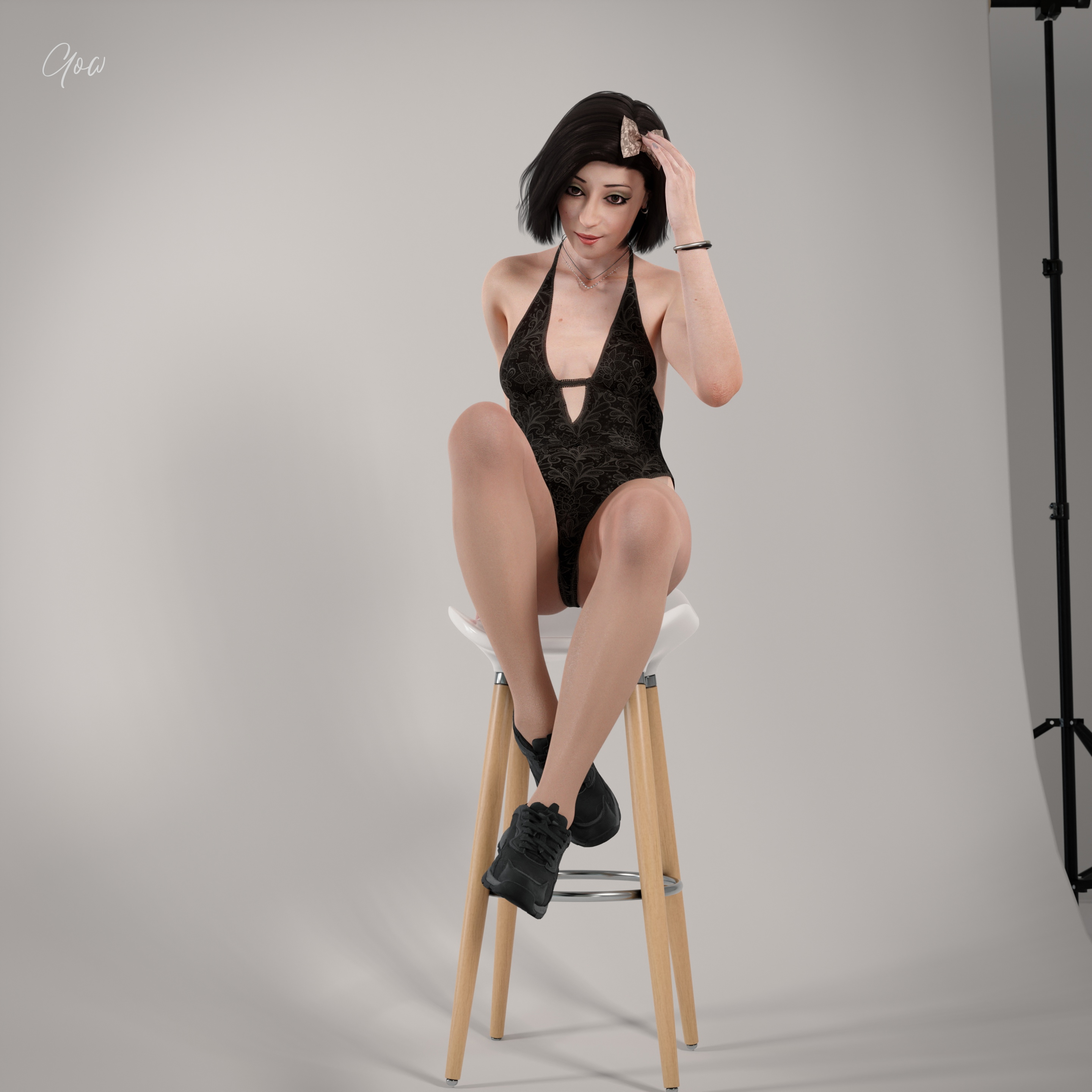 Rona - Olive Casual - PT2 - Photo studio set  Posing Cosplay Partially_clothed Legs Photorealistic Indoor Pantyhose Nylon Studio Lighting Sneakers Natural Tits Natural Boobs Sexy Milf Sexy Brunette Brunette Bodysuit Corset 11