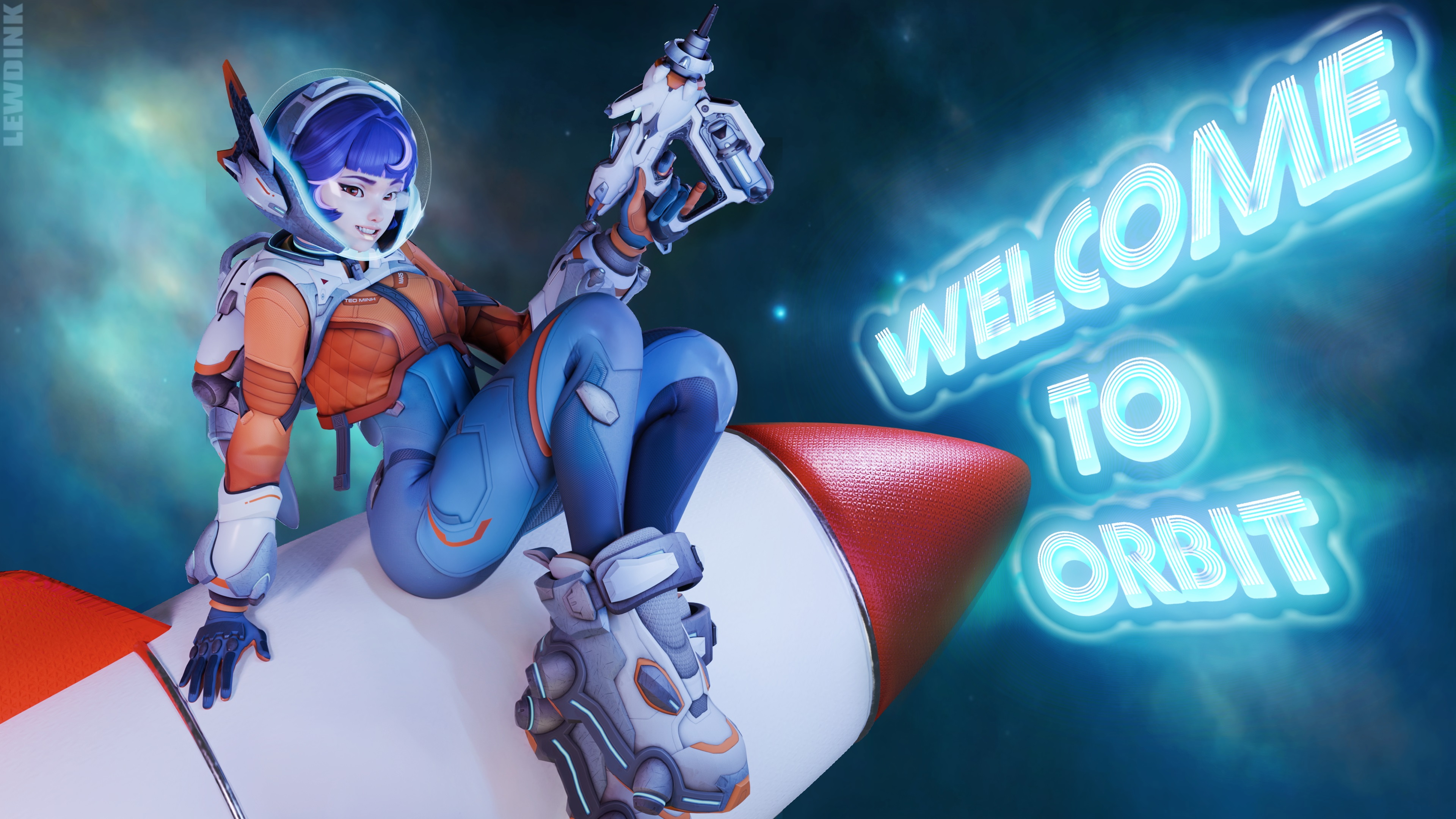 Juno Rocket Pinup - Welcome to Orbit Juno Overwatch Petite Small Tits Small Boobs Small Breasts Asian Asian Female Sexy Bodysuit Clothed Fanart Sfw Pinup Posing Sitting Weapon Gun Cyberpunk Sci-fi Scifi