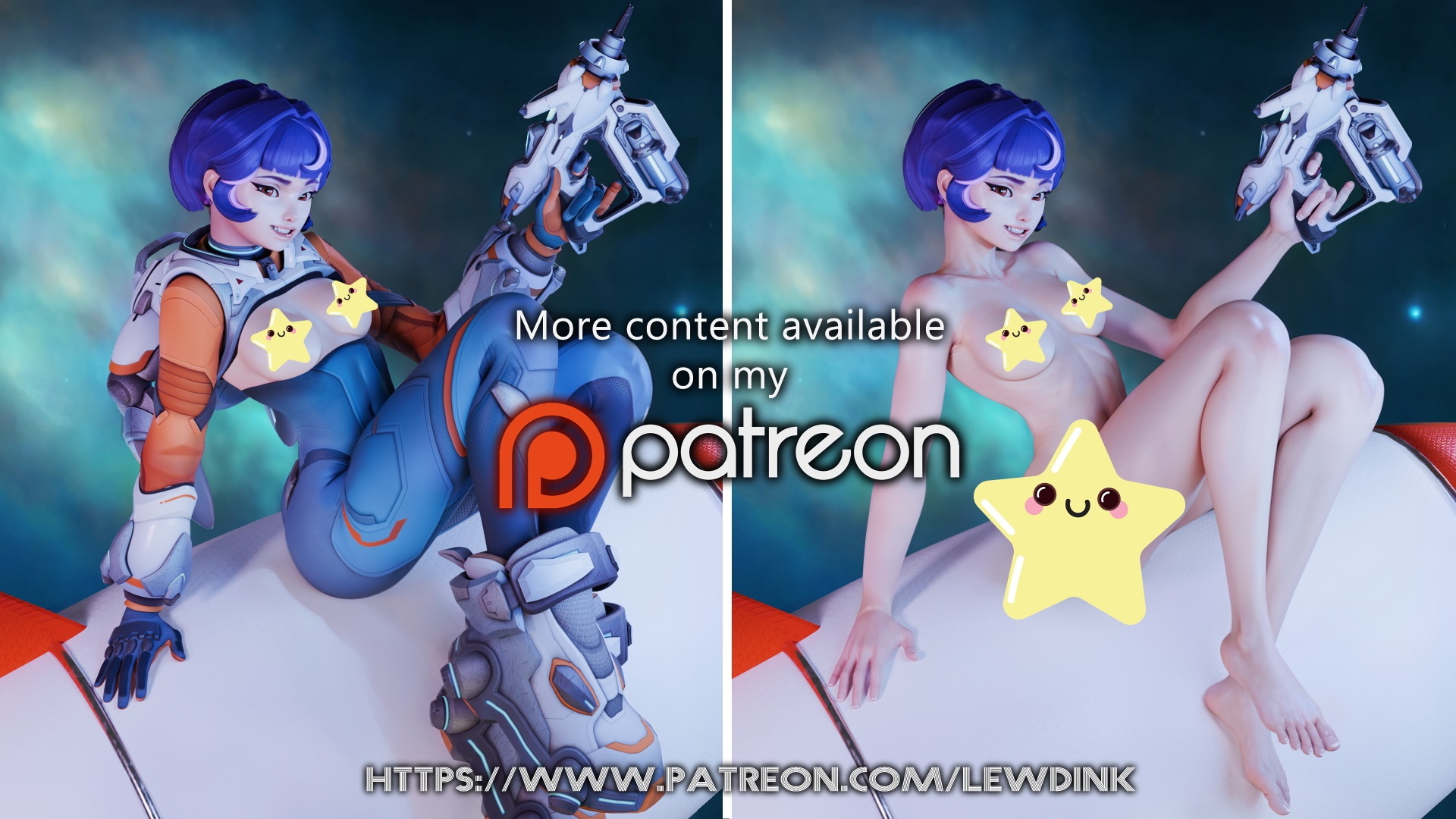 Juno Rocket Pinup - Welcome to Orbit Juno Overwatch Petite Small Tits Small Boobs Small Breasts Asian Asian Female Sexy Bodysuit Clothed Fanart Sfw Pinup Posing Sitting Weapon Gun Cyberpunk Sci-fi Scifi 2