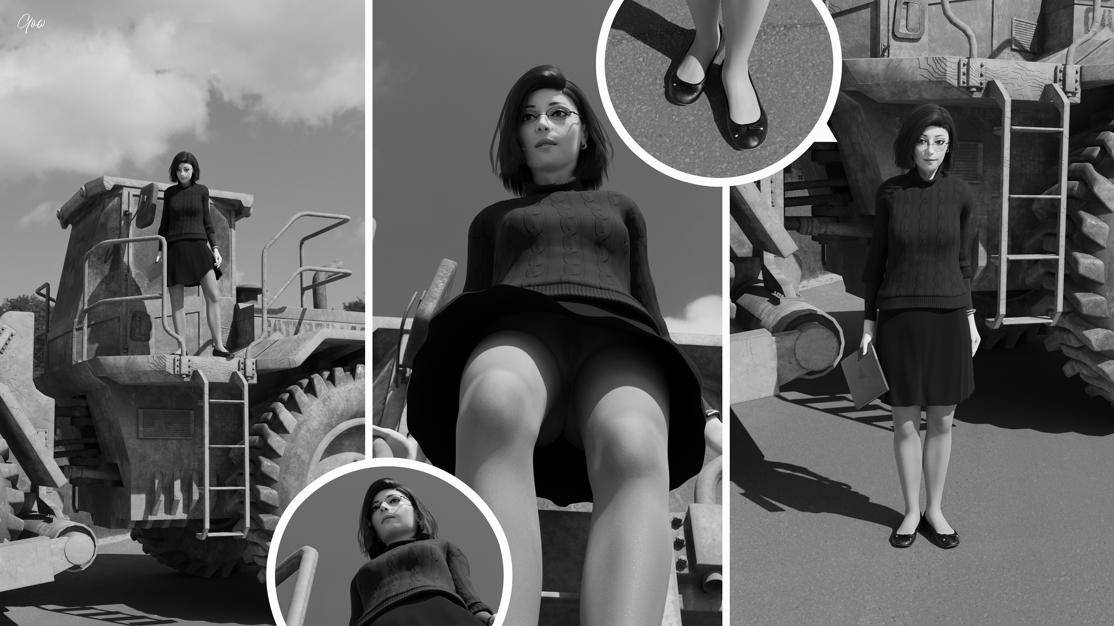 Windy day at the Construction Yard. Part One. (Wind  Upskirt  Ballet flats  Nylon  Pantyhose) Black and white set.  Nsfw Pantyhose Nylon No Panties Clothed Public Black And White Milf Secretary Outdoor Hairy Pussy Brunette Comic Wet Pussy