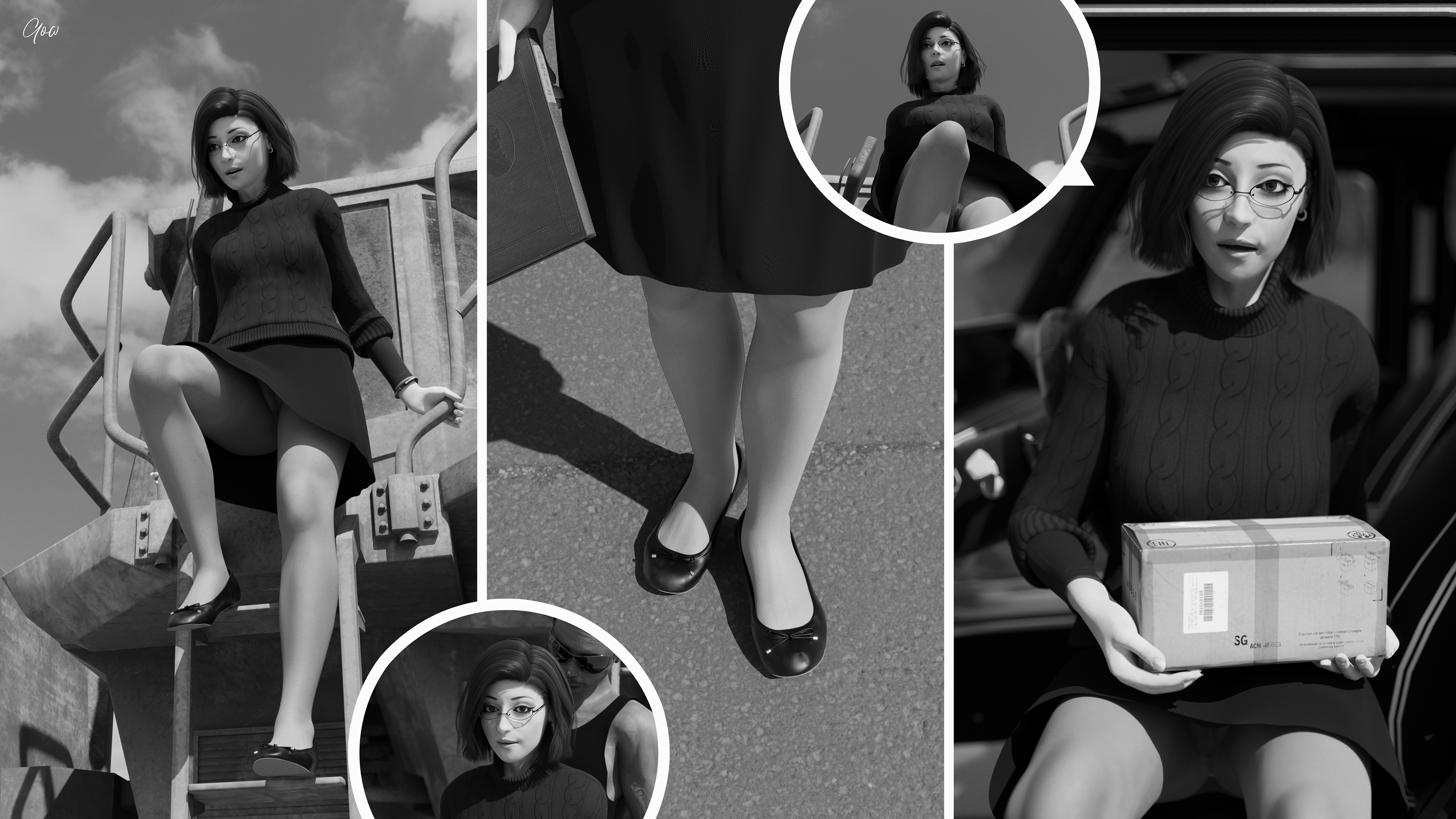 Windy day at the Construction Yard. Part One. (Wind  Upskirt  Ballet flats  Nylon  Pantyhose) Black and white set.  Nsfw Pantyhose Nylon No Panties Clothed Public Black And White Milf Secretary Outdoor Hairy Pussy Brunette Comic Wet Pussy 2