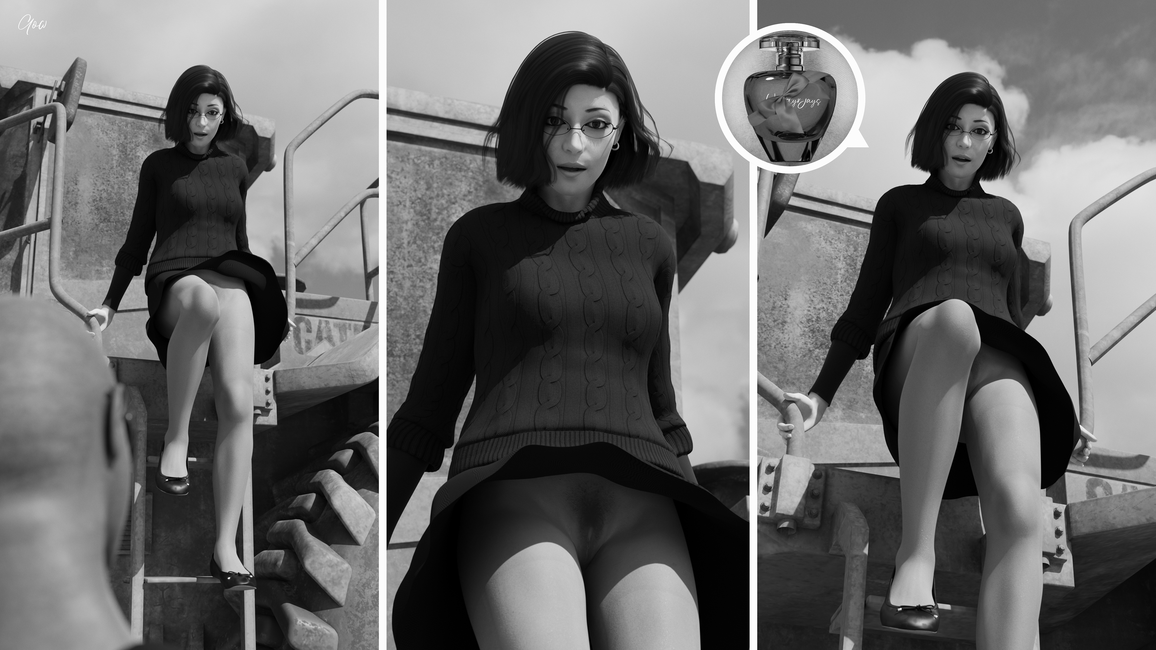 Windy day at the Construction Yard. Part One. (Wind  Upskirt  Ballet flats  Nylon  Pantyhose) Black and white set.  Nsfw Pantyhose Nylon No Panties Clothed Public Black And White Milf Secretary Outdoor Hairy Pussy Brunette Comic Wet Pussy 3