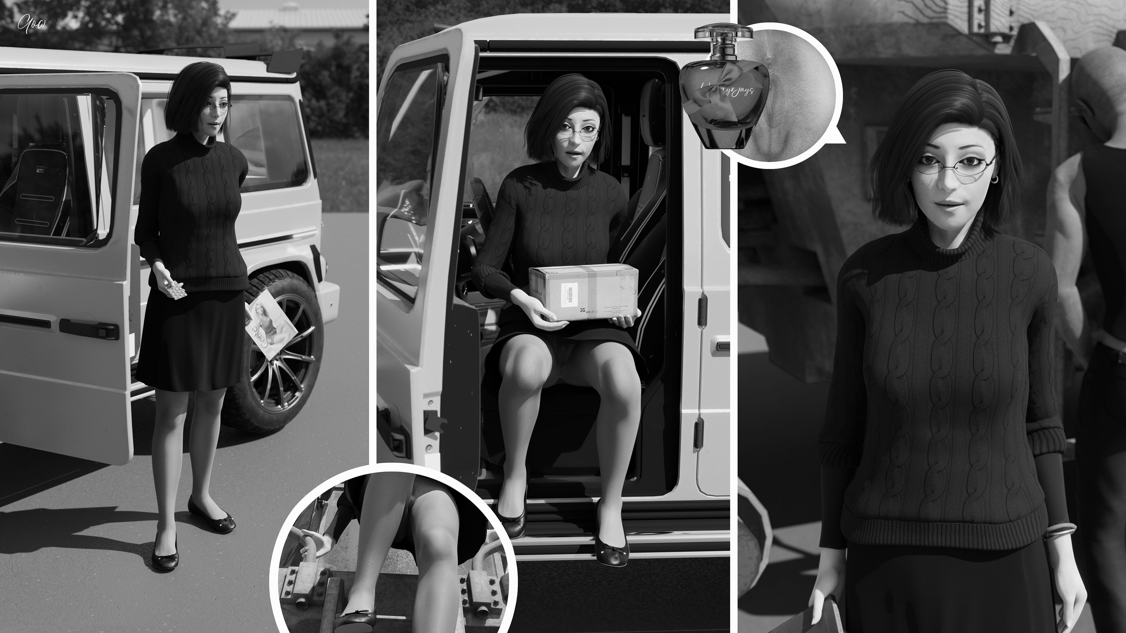 Windy day at the Construction Yard. Part One. (Wind  Upskirt  Ballet flats  Nylon  Pantyhose) Black and white set.  Nsfw Pantyhose Nylon No Panties Clothed Public Black And White Milf Secretary Outdoor Hairy Pussy Brunette Comic Wet Pussy 4